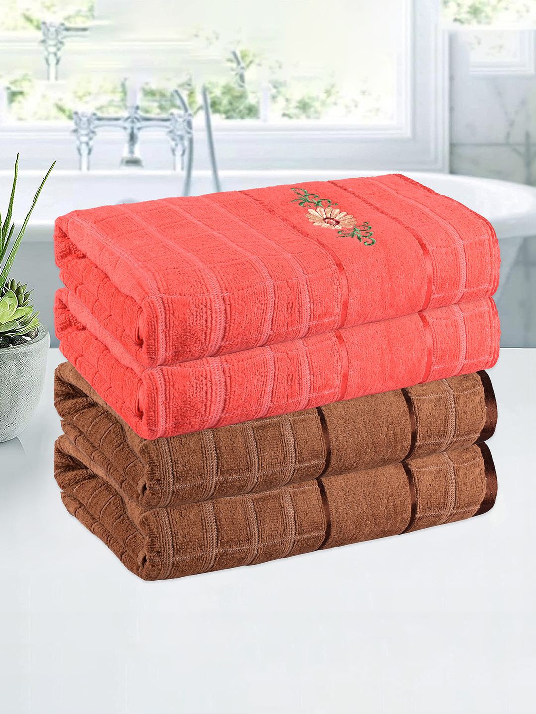 

Kuber Industries Brown & Orange 4 Pieces Striped 250 GSM Bath Towels