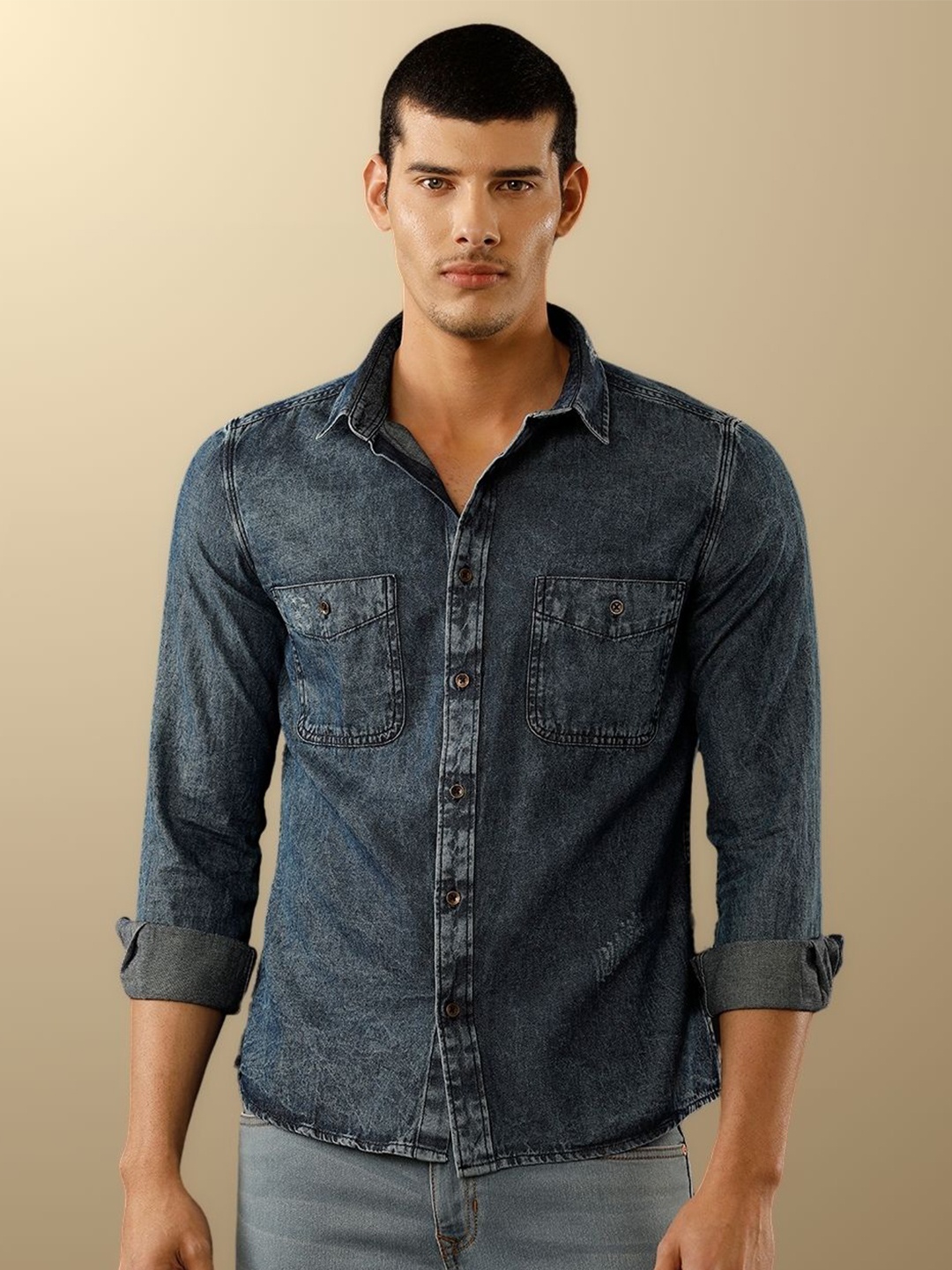 

TEMPLE OF DENIM Men India Slim Cutaway Collar Solid Denim Casual Shirt, Blue