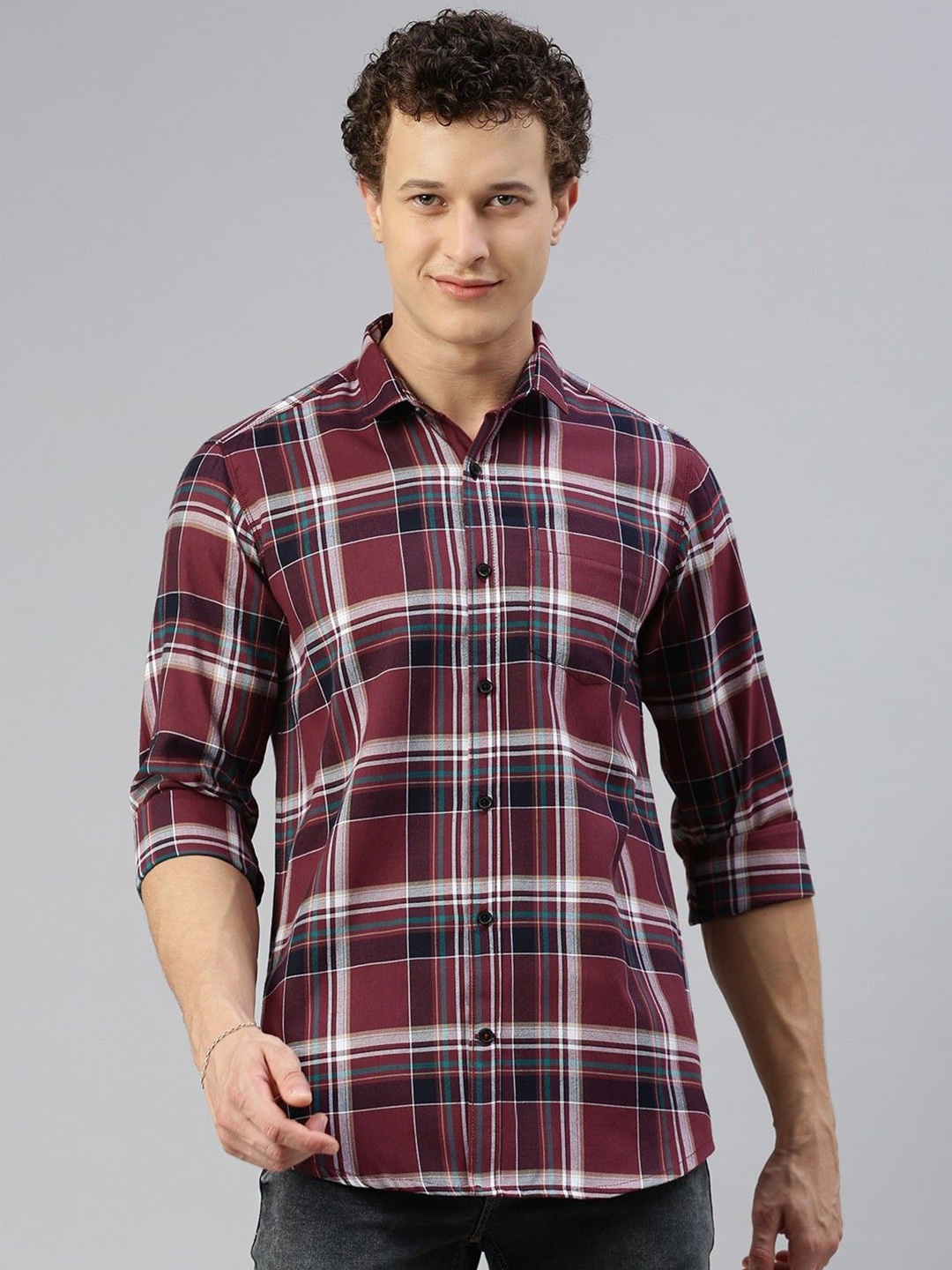 

Cross Court Men Tartan Checks Opaque Checked Casual Shirt, Burgundy