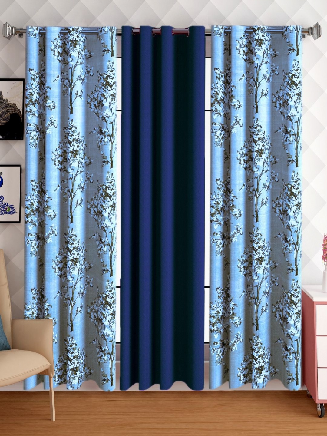 

Lunar Days Blue Set of 3 Floral Room Darkening Door Curtain