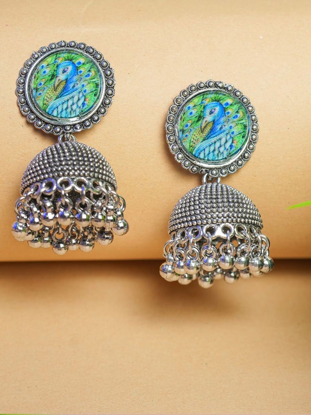 

VIRAASI Silver-Plated Peacock Shaped Oxidized Jhumkas