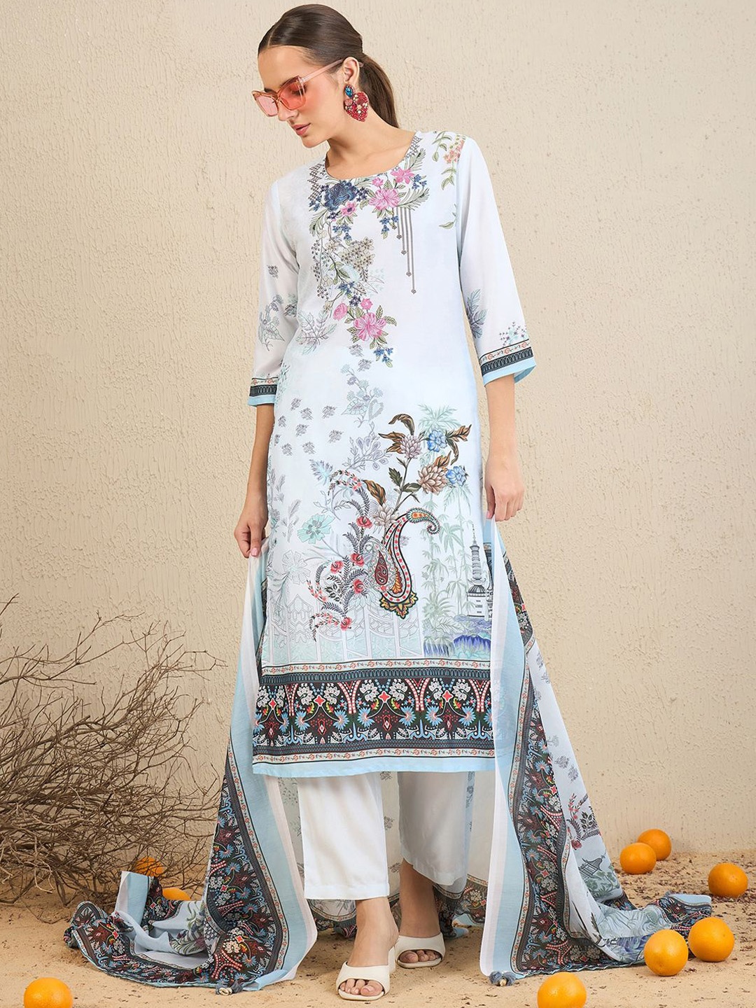 

Indo Era Ethnic Motifs Printed Kurta With Trousers & Dupatta, Blue
