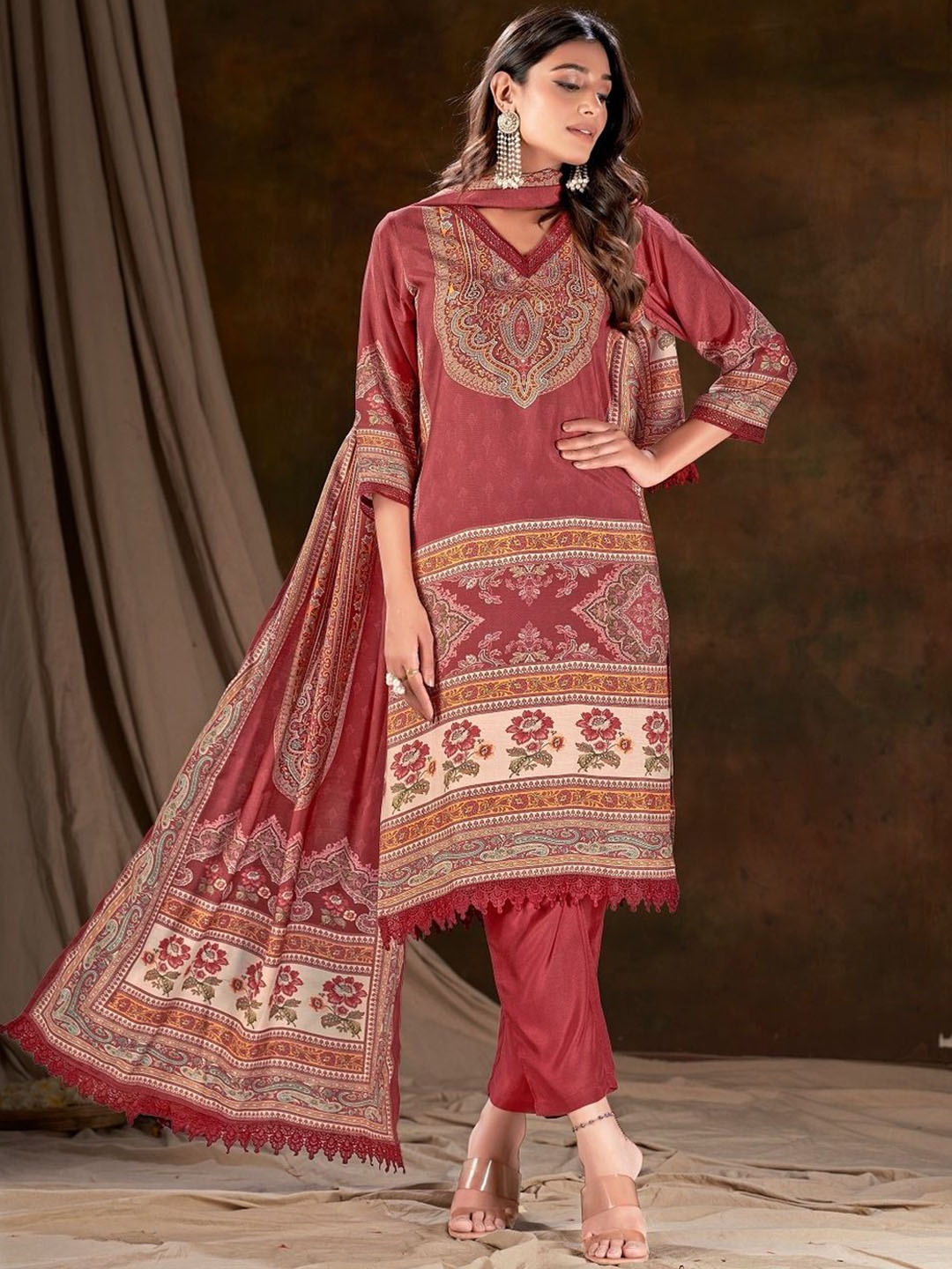 

JIVORA Ethnic Motifs Printed V-Neck Pure Silk Straight Kurta With Pyjamas & Dupatta, Maroon