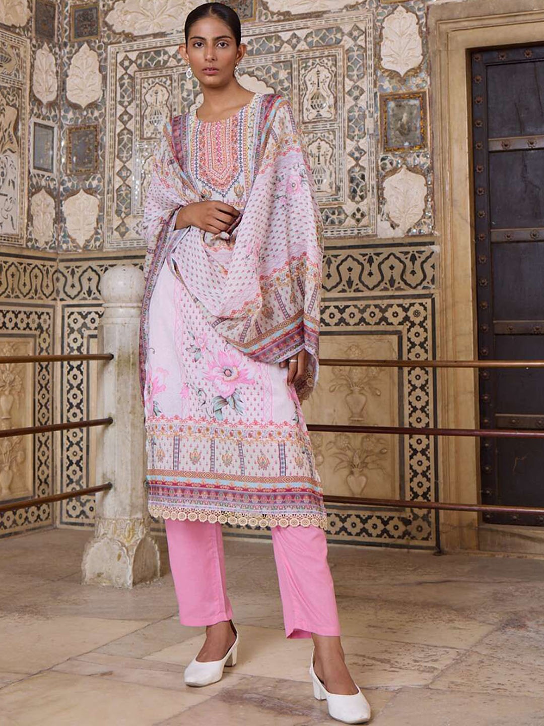 

VIRICA Floral Printed Beads and Stones Cotton Silk Straight Kurta with Trousers & Dupatta, White