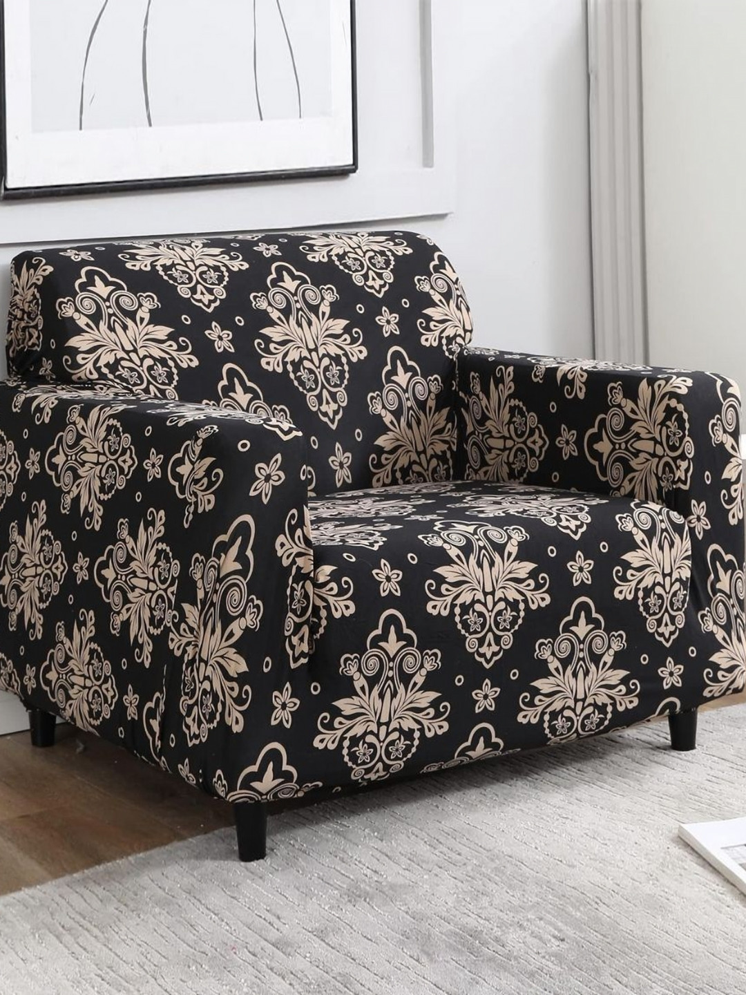 

B BESTILO Black & Cream-Coloured Ethnic Motifs Printed Single Seater Sofa Cover With Arms