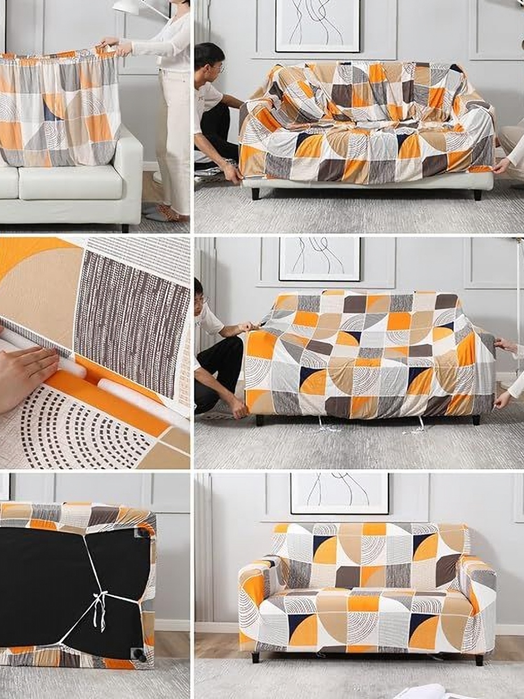 

B BESTILO Beige & Orange Geometric Printed Triple Seater Sofa Cover With Arms