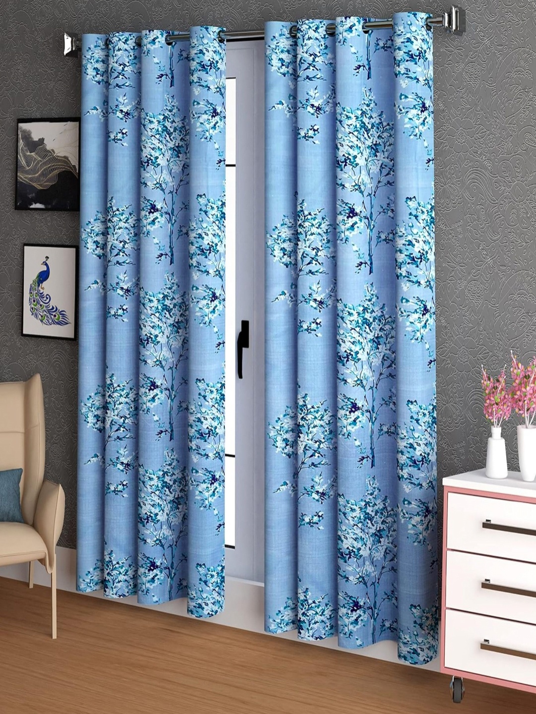 

Lunar Days Blue Set of 2 Floral Room Darkening Long Door Curtain