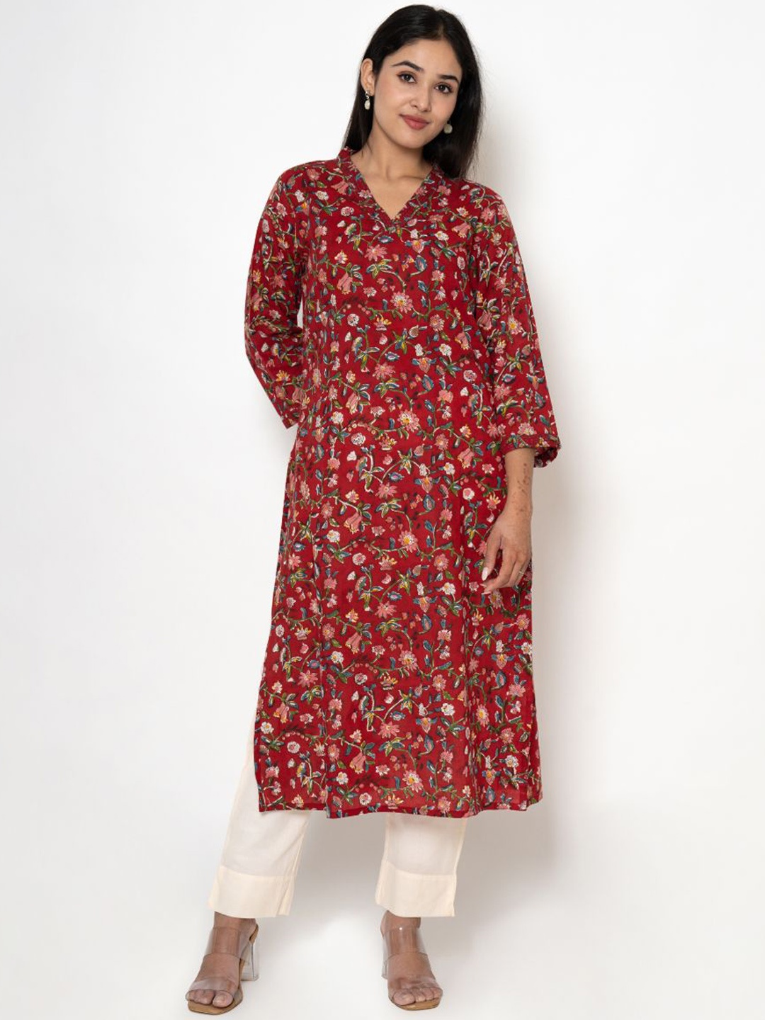 

Kameez by Pooja Kejriwal Floral Printed Thread Work Pure Cotton Kurta With Trouser, Red