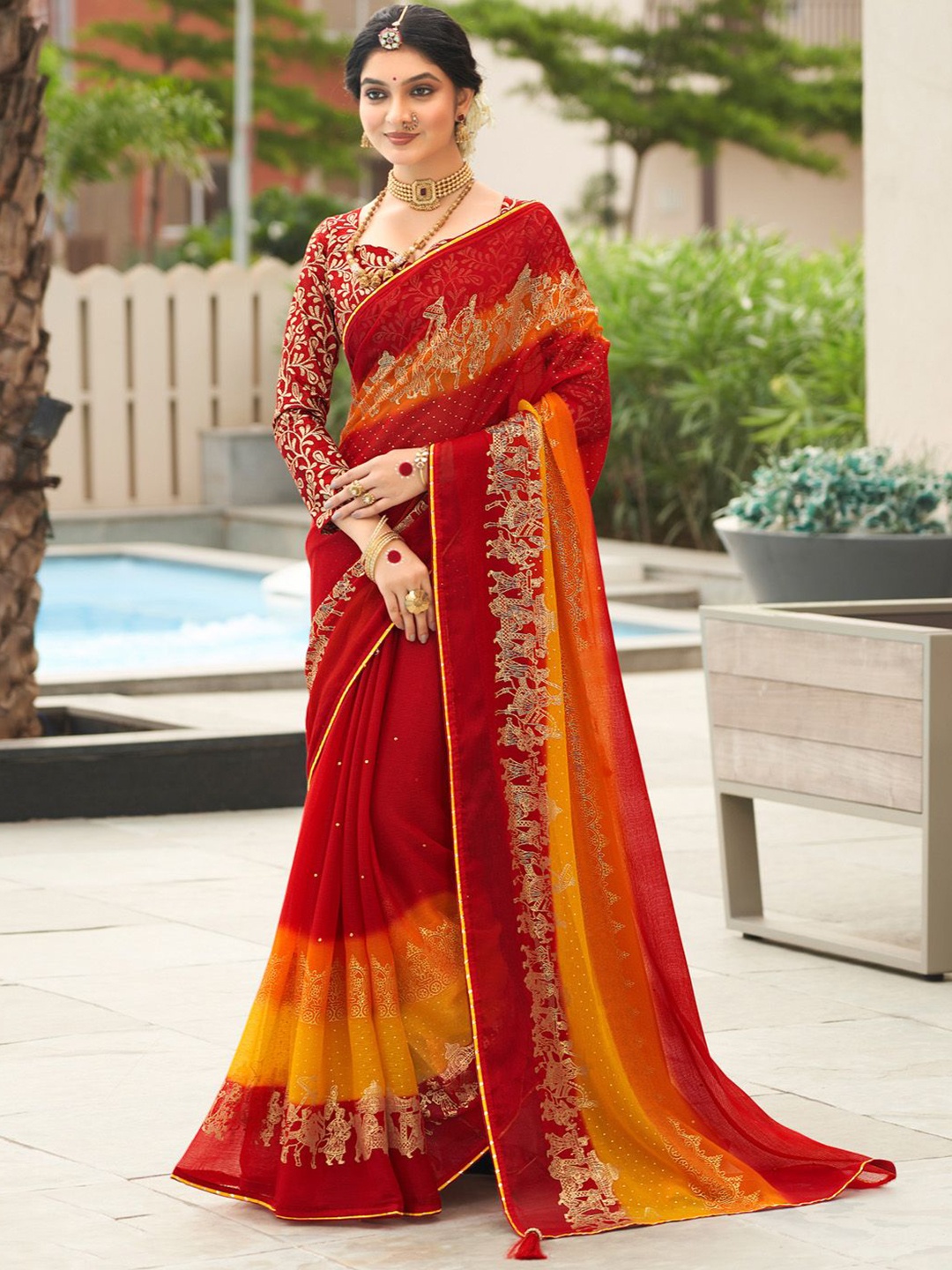 

Anouk Ethnic Motifs Zari Poly Chiffon Saree, Red