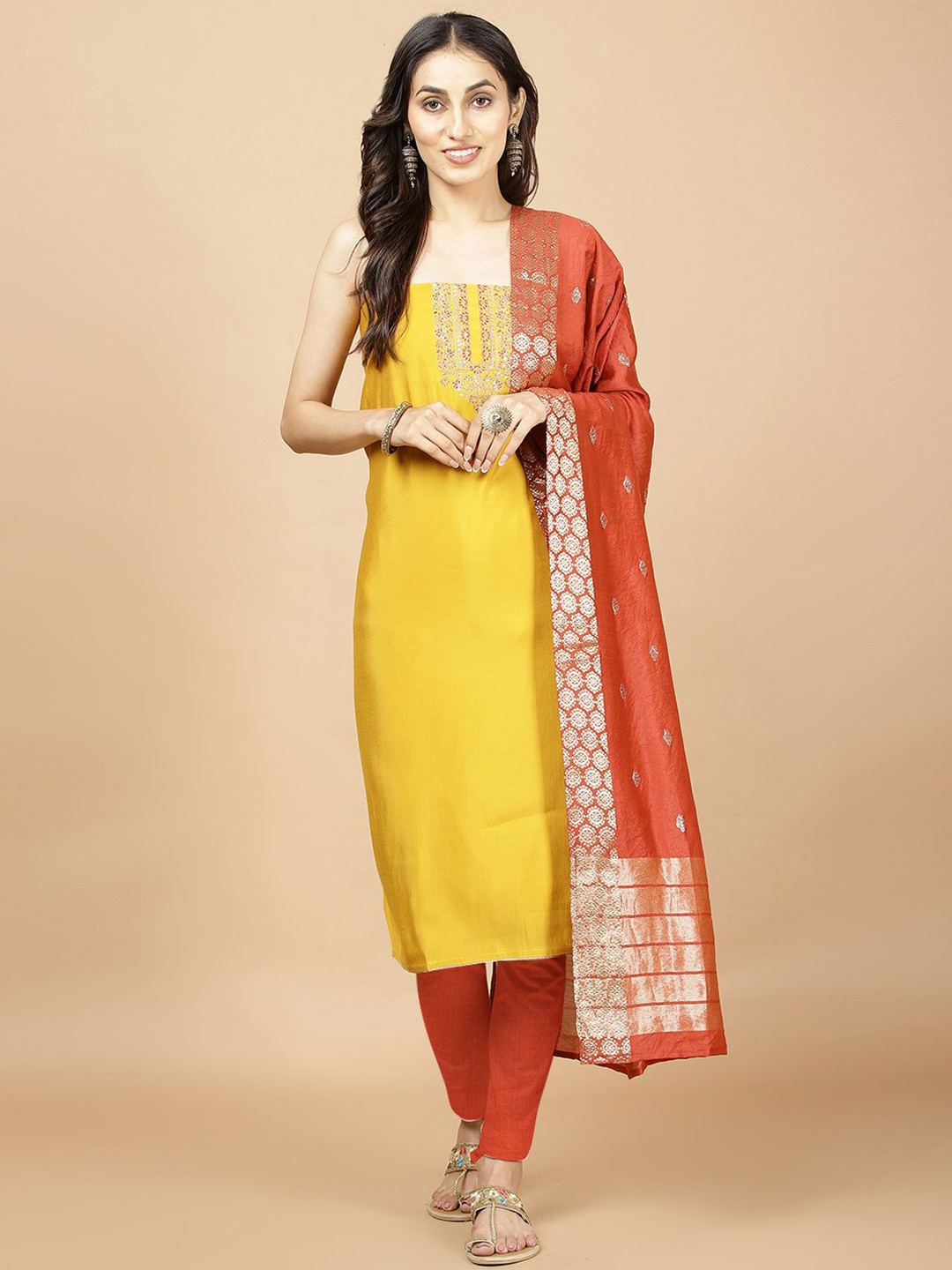 

Meena Bazaar Floral Embroidered Yoke Design Zari Chanderi Unstitched Dress Material, Yellow