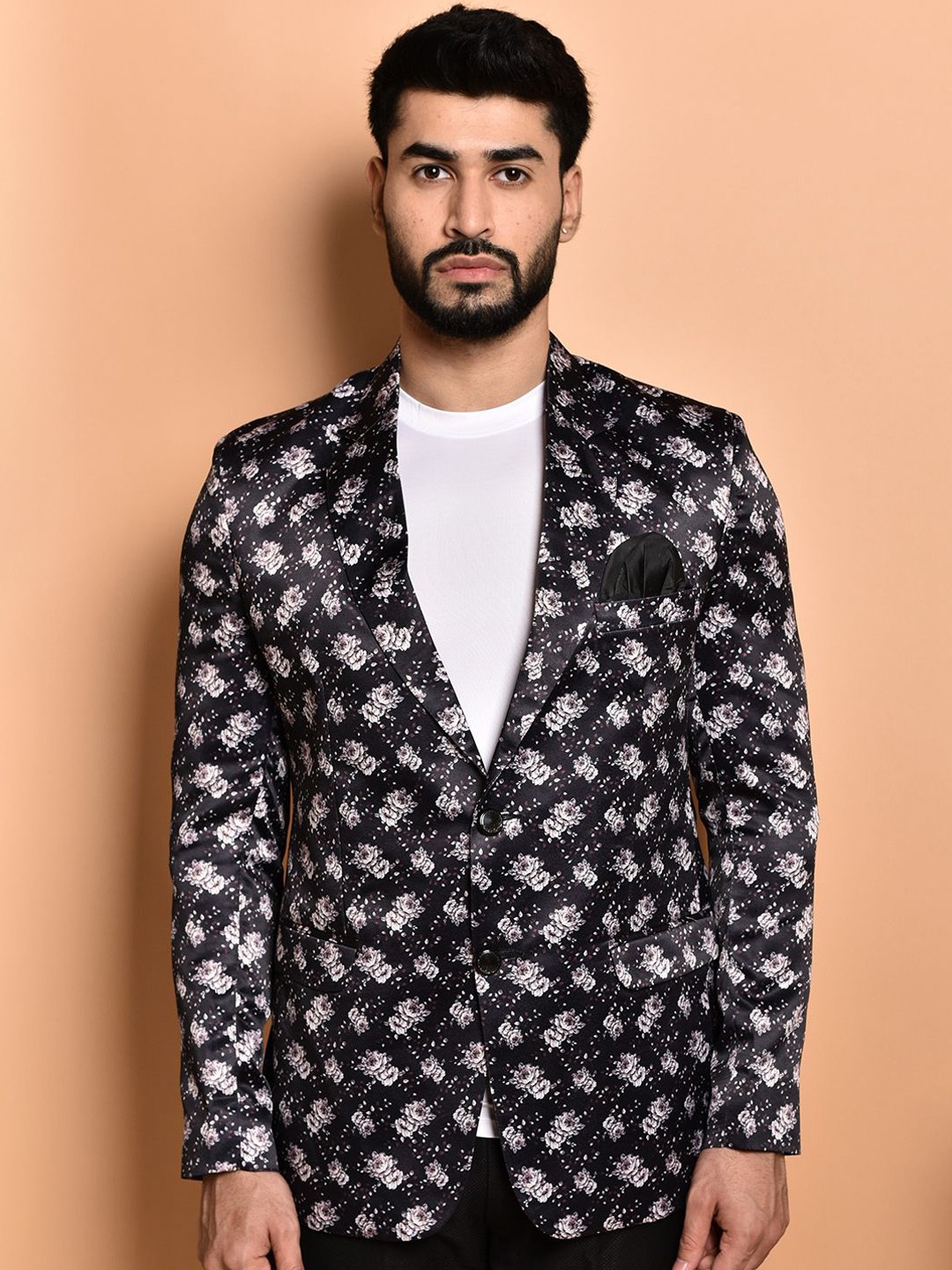 

PRINTCULTR Floral Printed Notched Lapel Single-Breasted Casual Blazer, Black