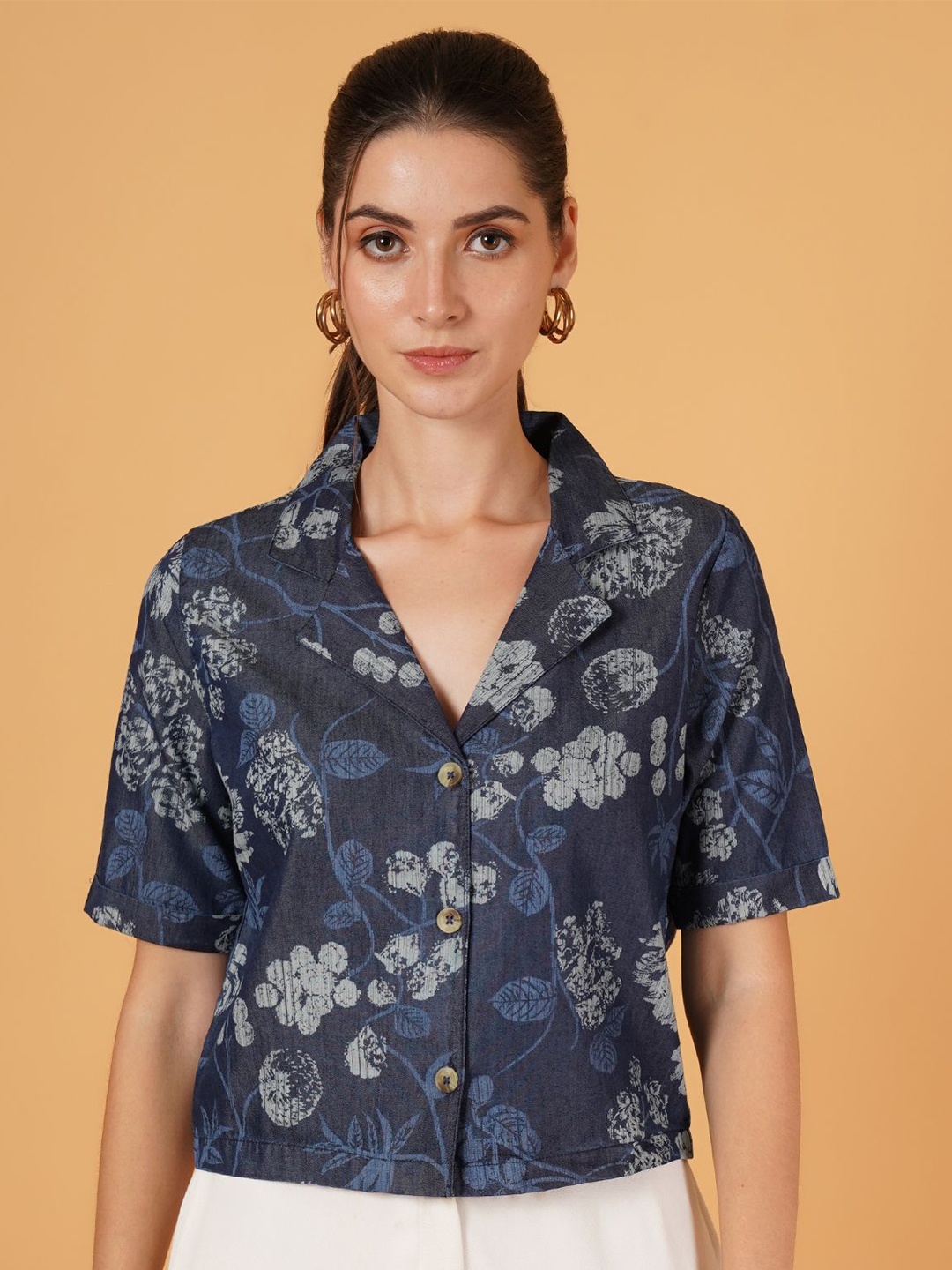 

IX IMPRESSION Floral Print Cotton Denim Shirt Style Crop Top, Navy blue