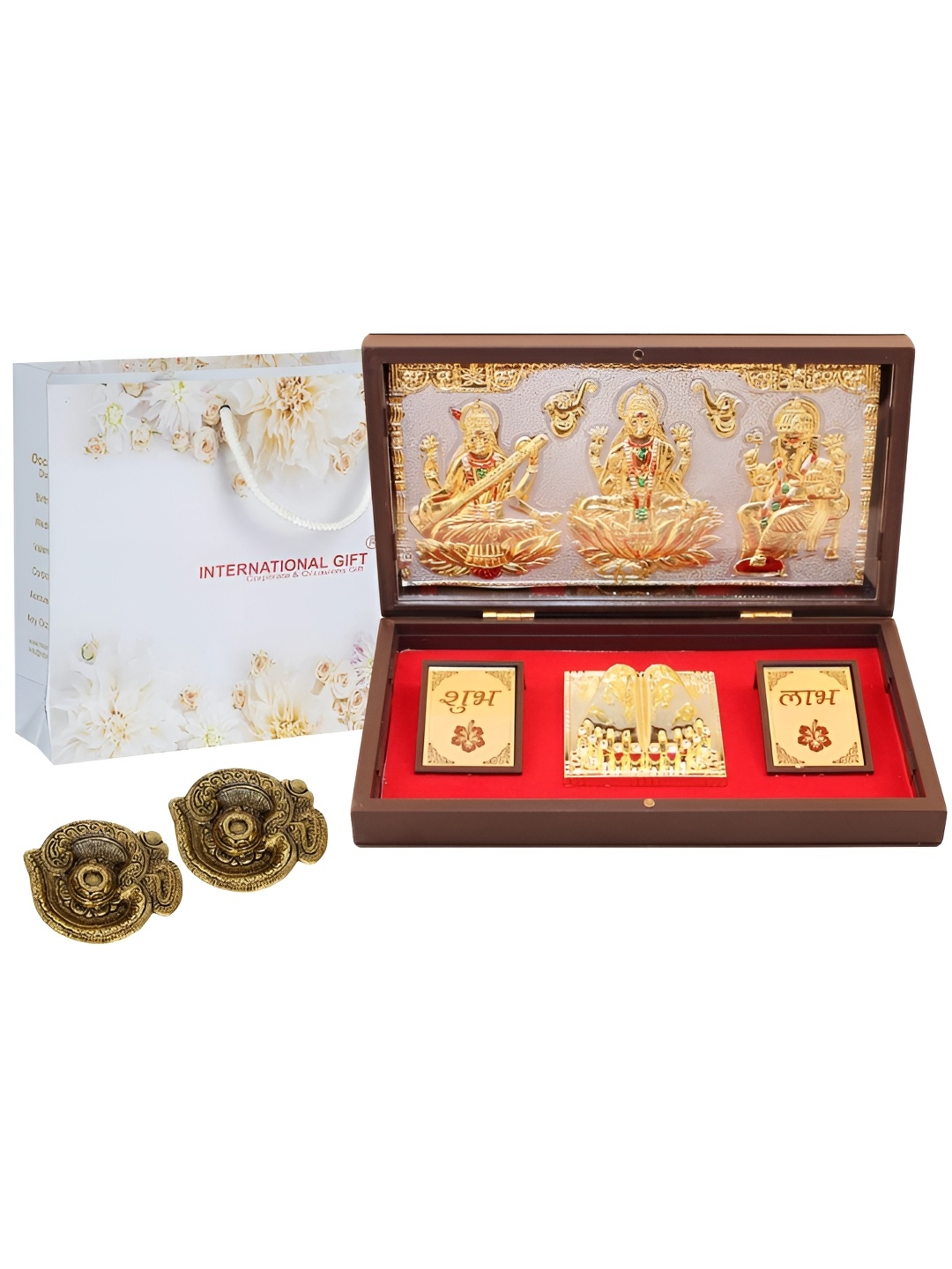 

INTERNATIONAL GIFT Gold-Toned Lakshmi Ganesh Saraswati Charan Paduka With Diya