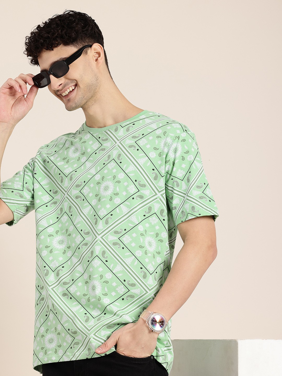 

HERE&NOW Printed Pure Cotton T-shirt, Green