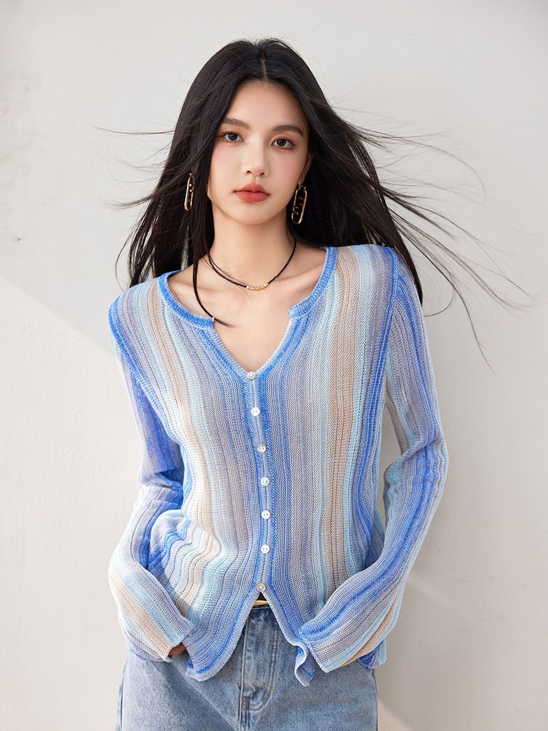 

JC Collection Women Striped Longline Cardigan, Blue