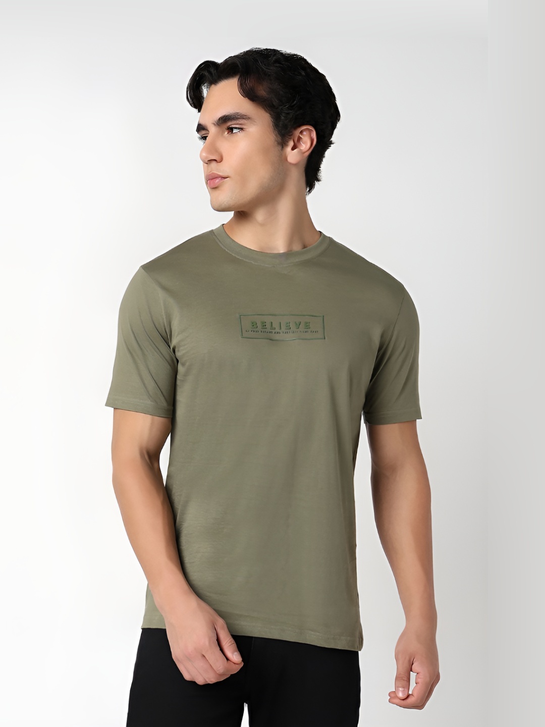 

R&B Men Typography Printed Round Neck Cotton T-shirt, Olive