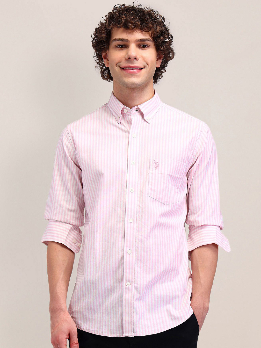 

U.S. Polo Assn. Men Slim Fit Opaque Striped Formal Shirt, Pink