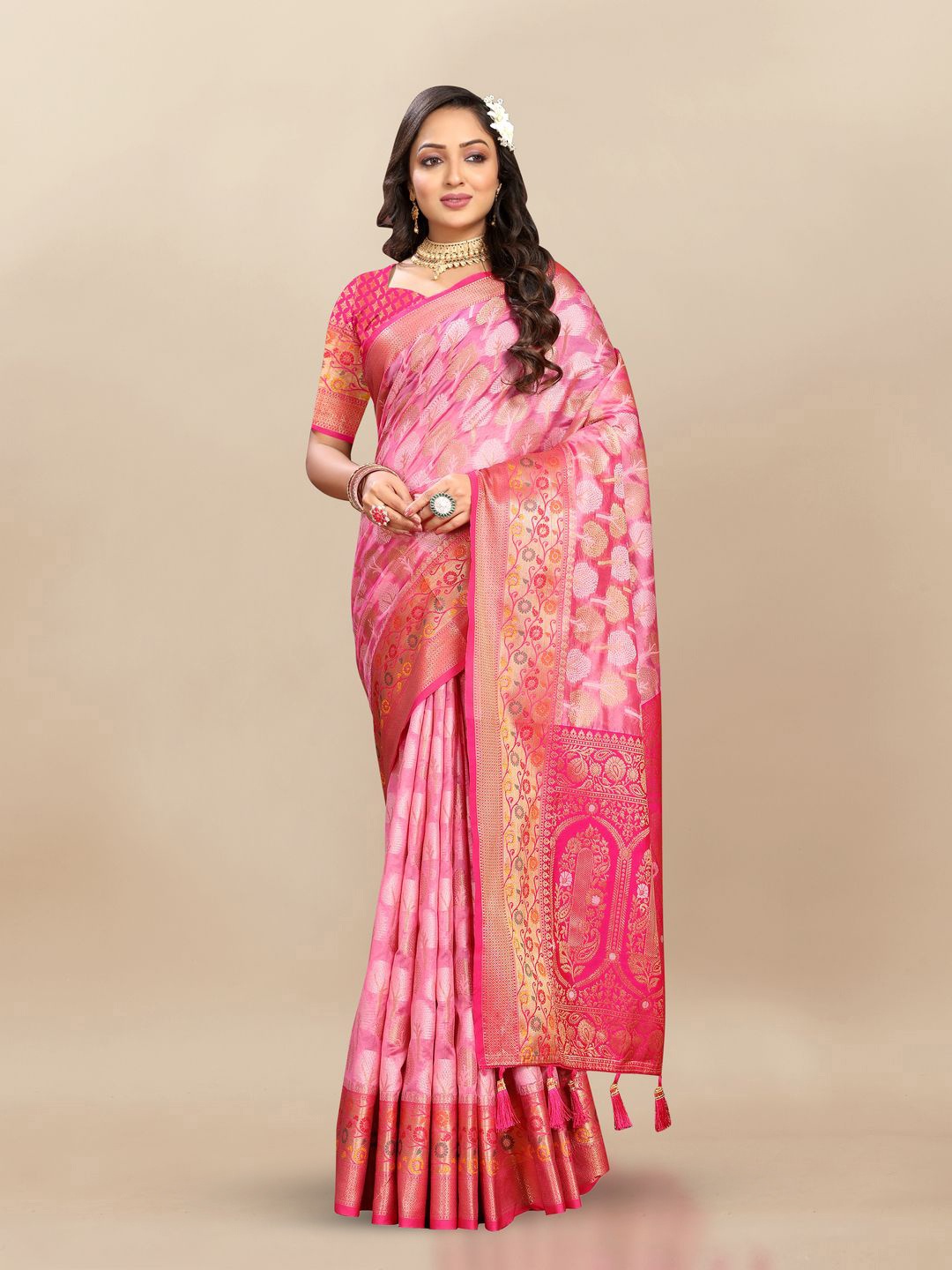 

MOKSHA DESIGNS Ethnic Motifs Zari Pure Silk Paithani Saree, Pink