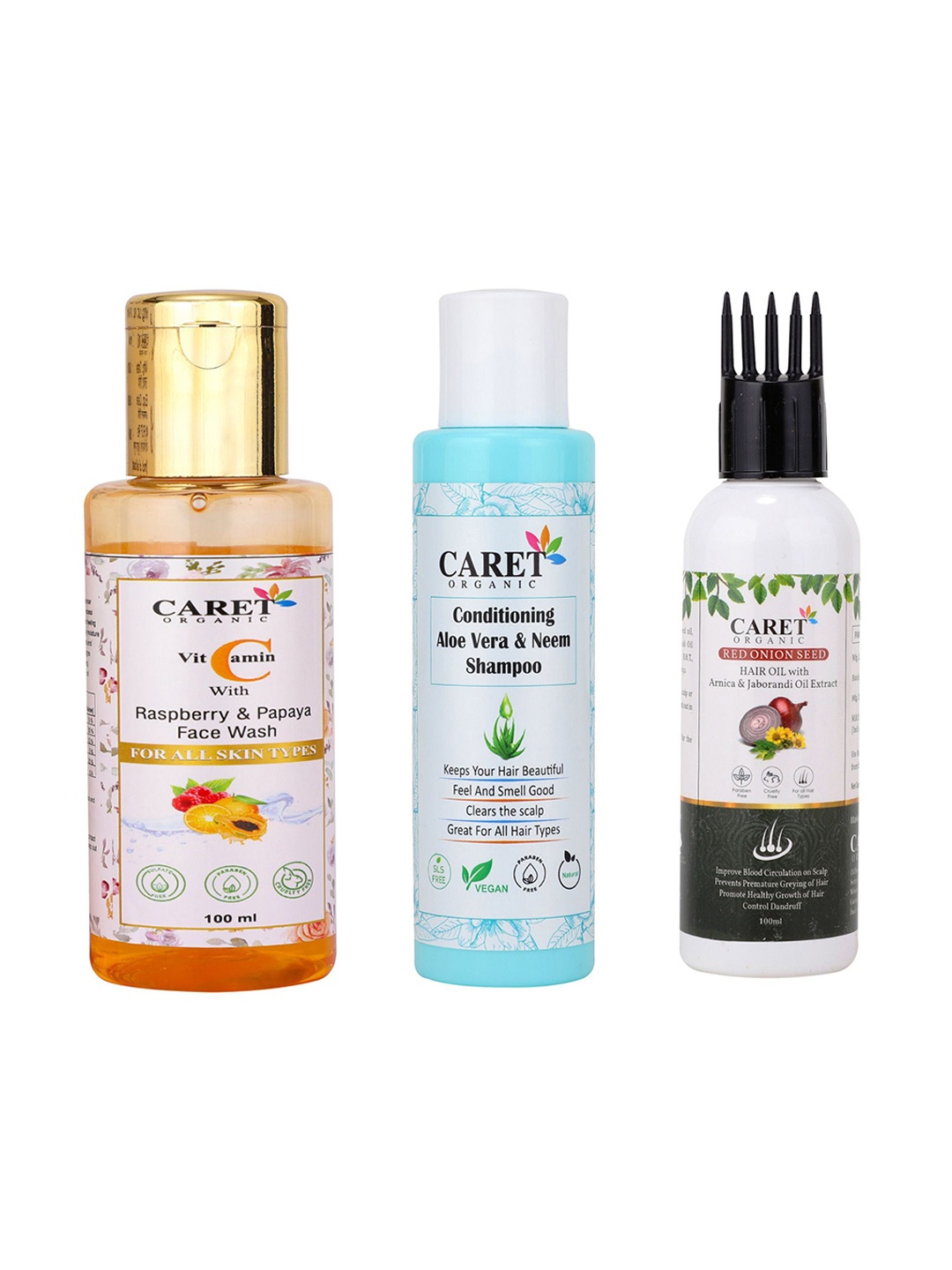 

CARET ORGANIC Set Of 3 Vitamin C Papaya Face Wash Aloevera Neem Shampoo Onion Hair Oil, White