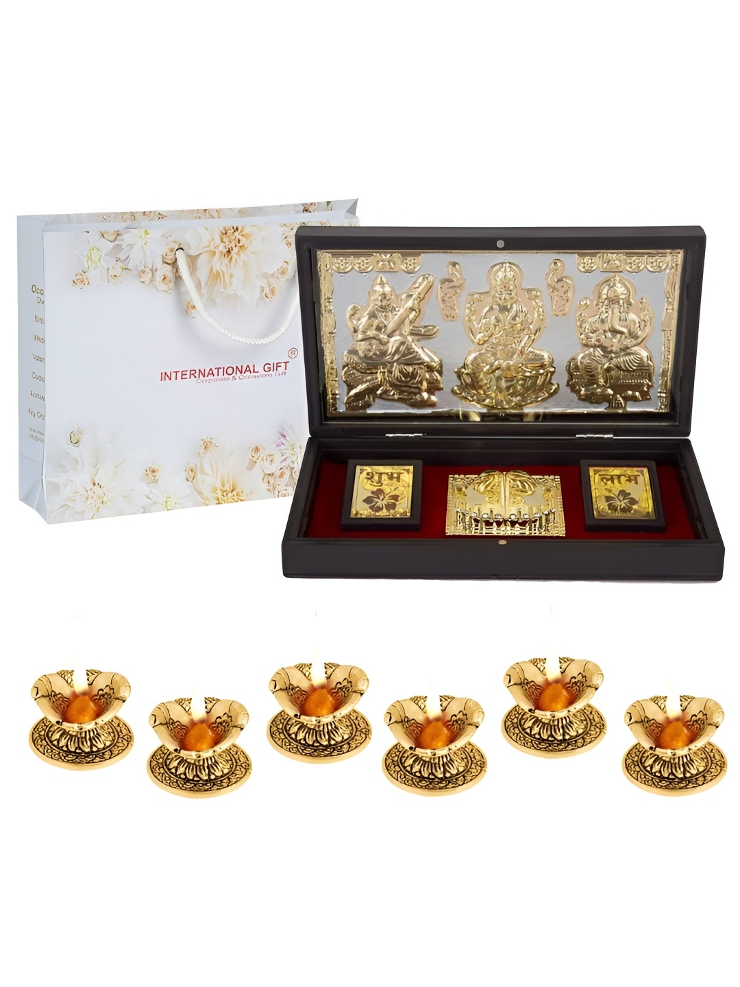 

INTERNATIONAL GIFT Gold-Toned Lakshmi Ganesh Saraswati Charan Paduka with 6 Diya