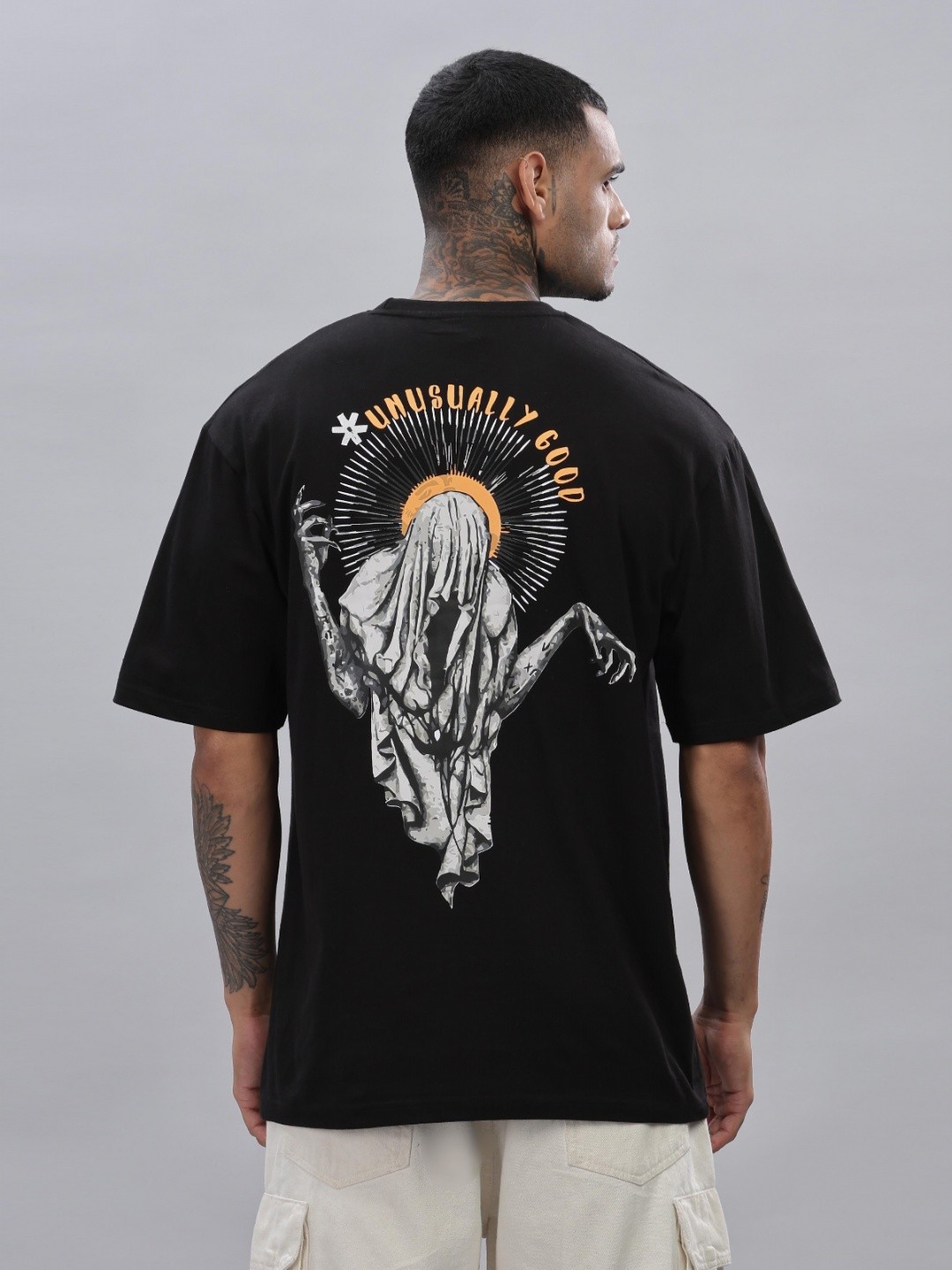 

TOMHIDDLE Men Graphic Printed Round Neck Cotton Oversized T-shirt, Black