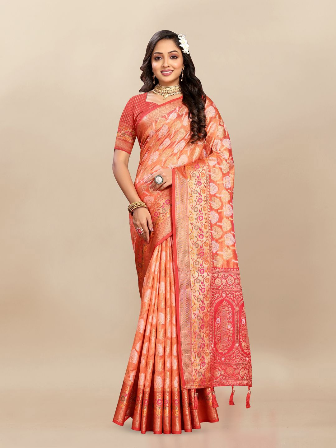 

MOKSHA DESIGNS Ethnic Motifs Zari Pure Silk Paithani Saree, Peach