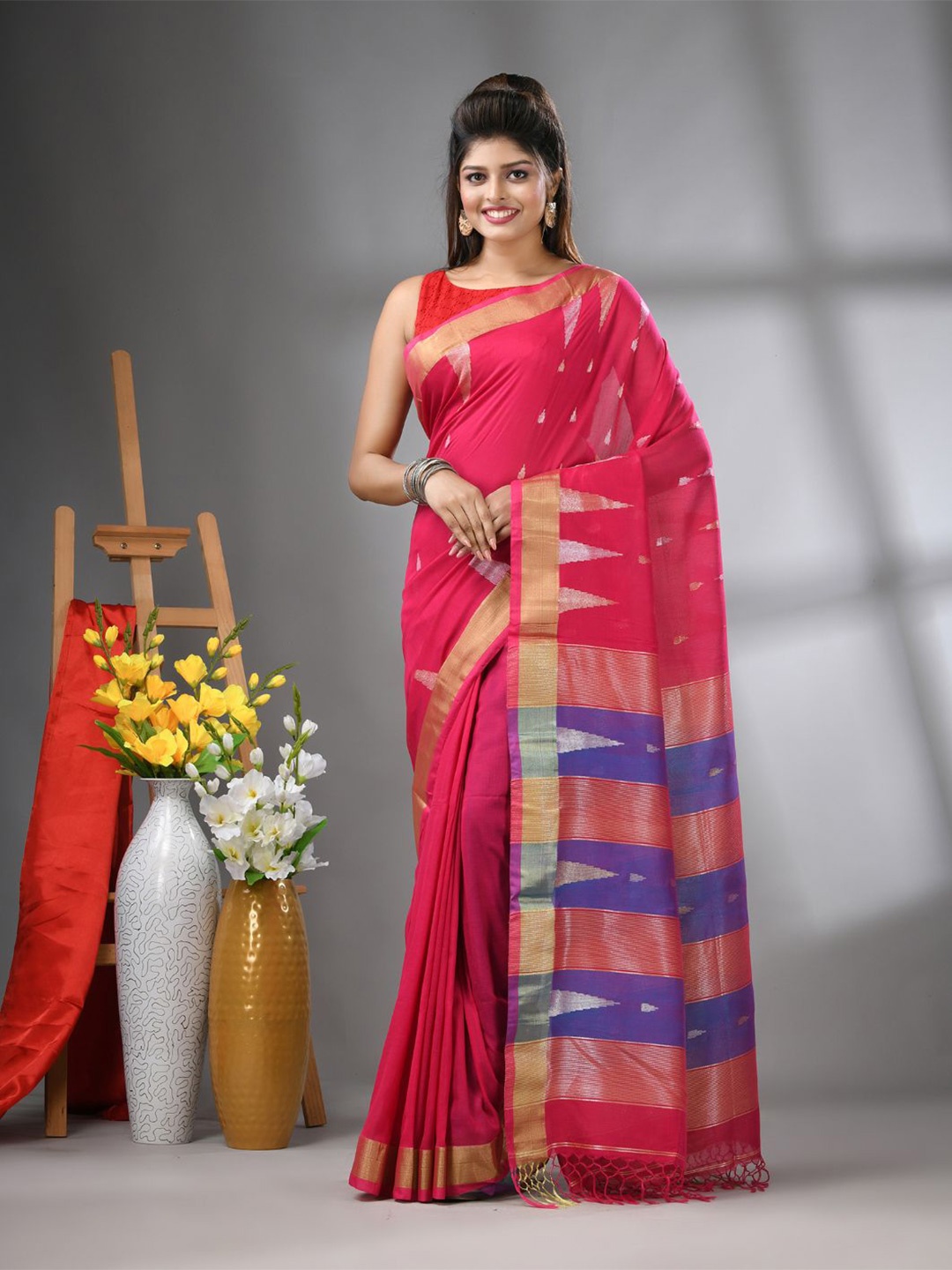 

Charukriti Ethnic Motifs Zari Pure Cotton Saree, Pink