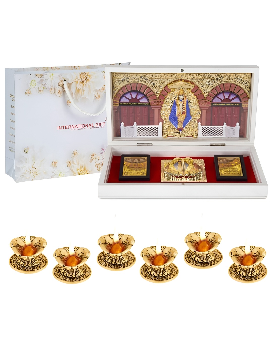 

INTERNATIONAL GIFT Gold-Toned Religious Sai Baba Charan Paduka Showpiece with 6 Diya