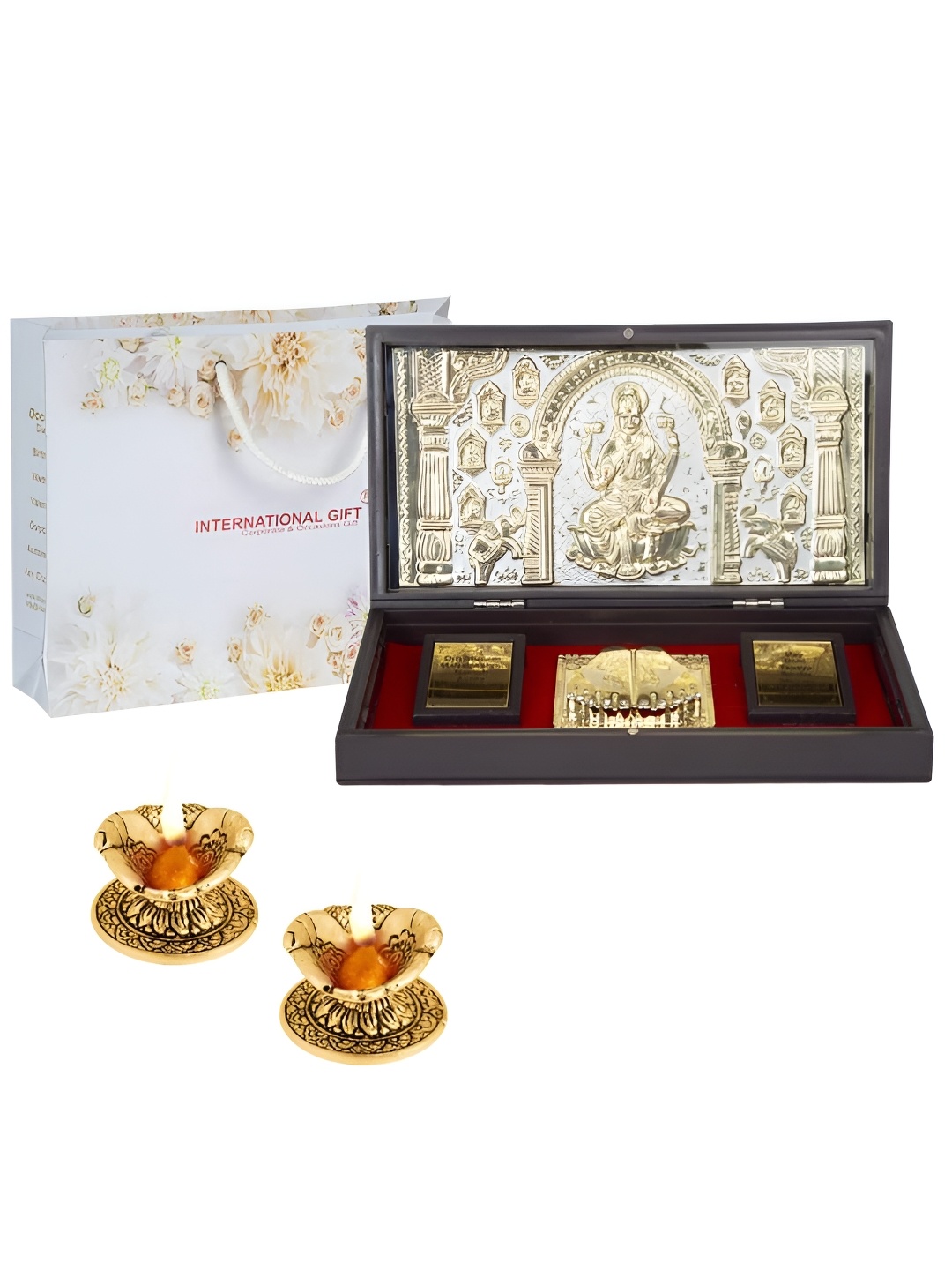 

INTERNATIONAL GIFT Gold-Toned Metal Religious Saraswati Mata Charan Paduka With 2 Diya