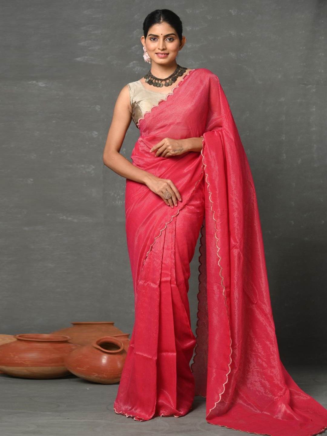

Very Much Indian Striped Zari Kota Saree, Pink