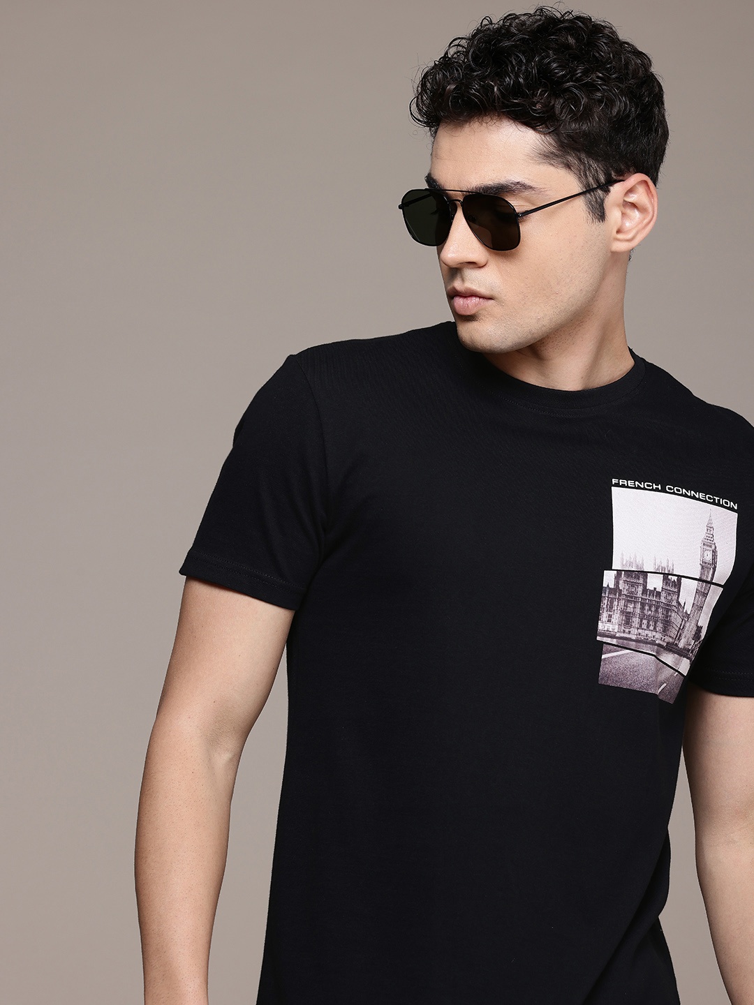 

French Connection Men Printed Pure Cotton T-shirt, Black
