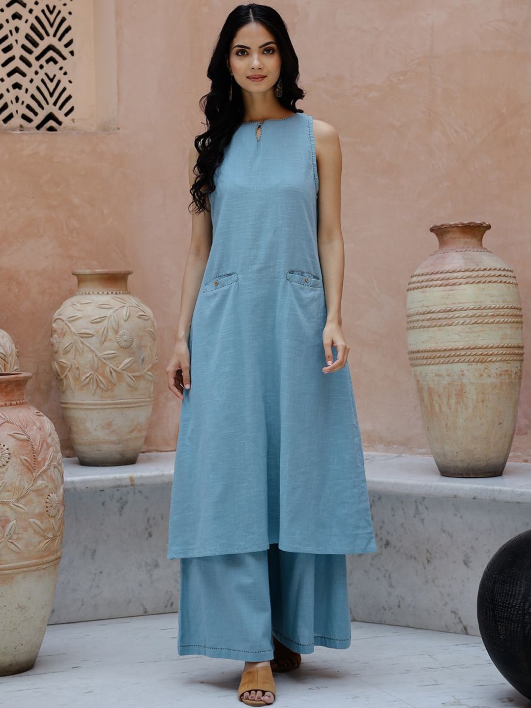 

RangDeep Keyhole Neck Pure Cotton A Line Kurta with Trousers, Blue