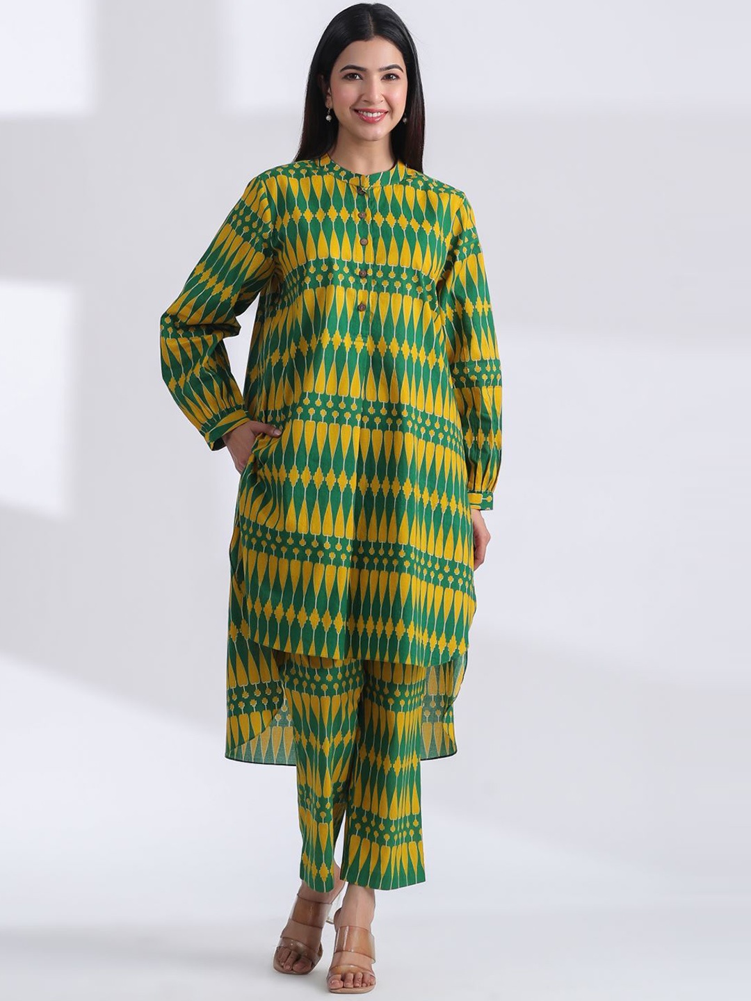 

JAIPURRANG Geometric Printed Mandarin Collar Pure Cotton Tunic & Trouser, Yellow