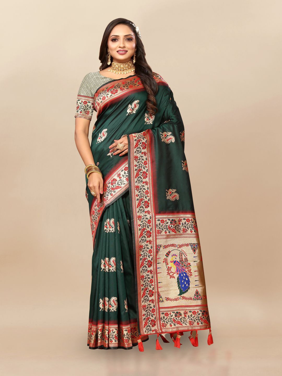 

MOKSHA DESIGNS Ethnic Motifs Zari Pure Silk Paithani Saree, Green