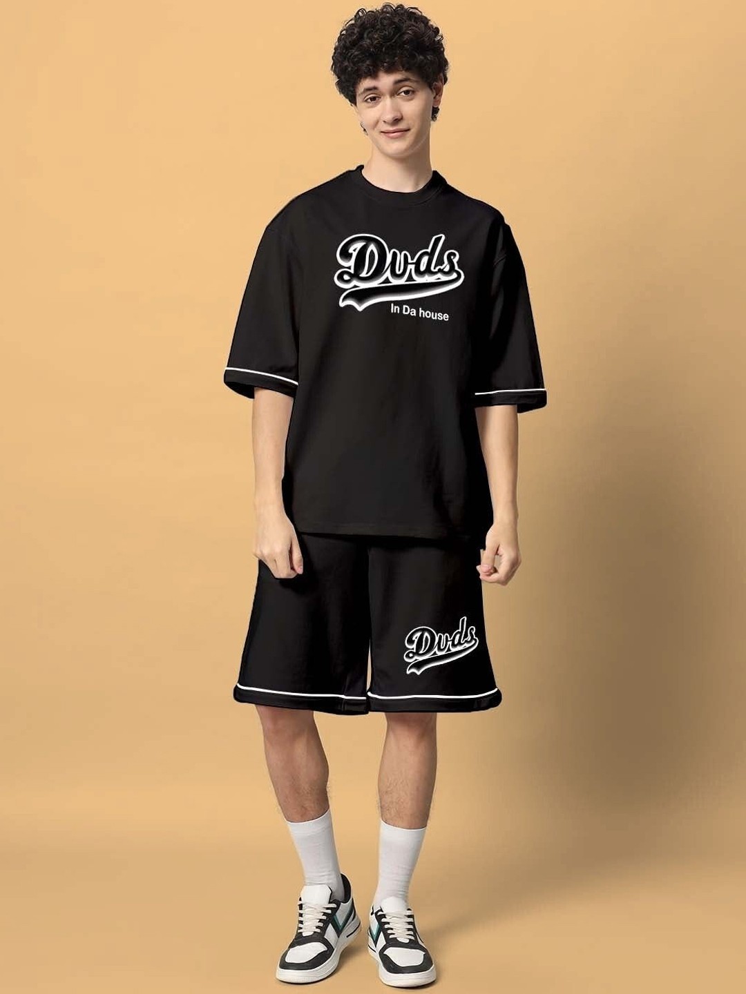 

WEARDUDS Typographic Printed Pure Cotton T-Shirt With Shorts, Black