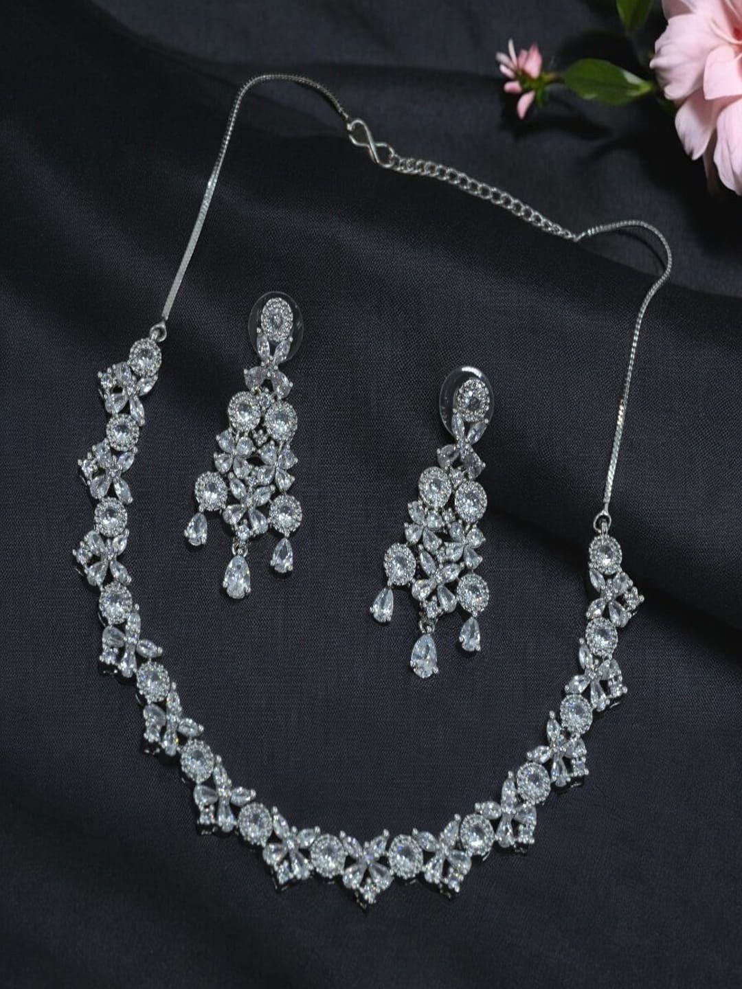 

SHARLEEZ Rhodium-Plated American Diamond Stone Studded Jewellery Set, Silver