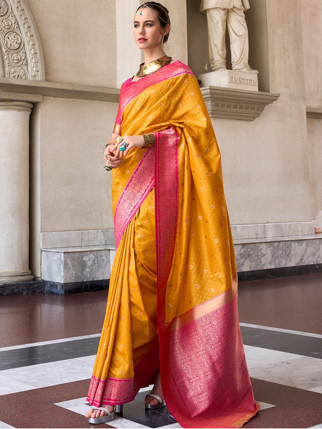 

Satrani Woven Design Zari Pure Silk Kanjeevaram Saree, Mustard