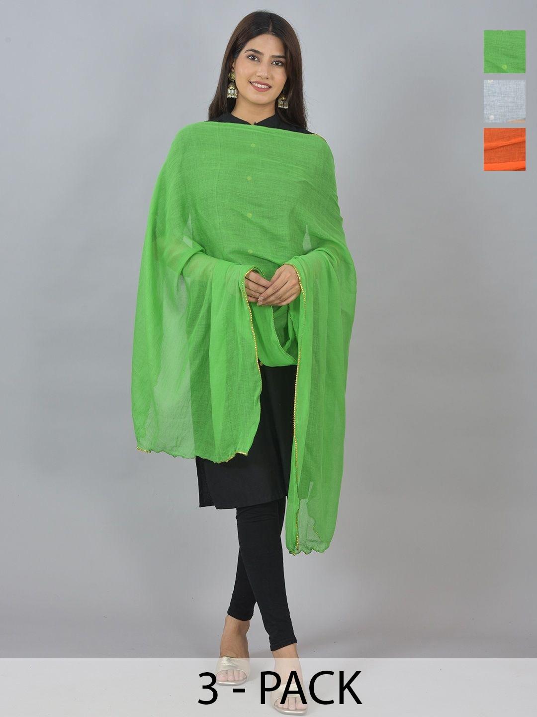 

LA FEMINAE Pack Of 3 Pure Cotton Dupattas, Green