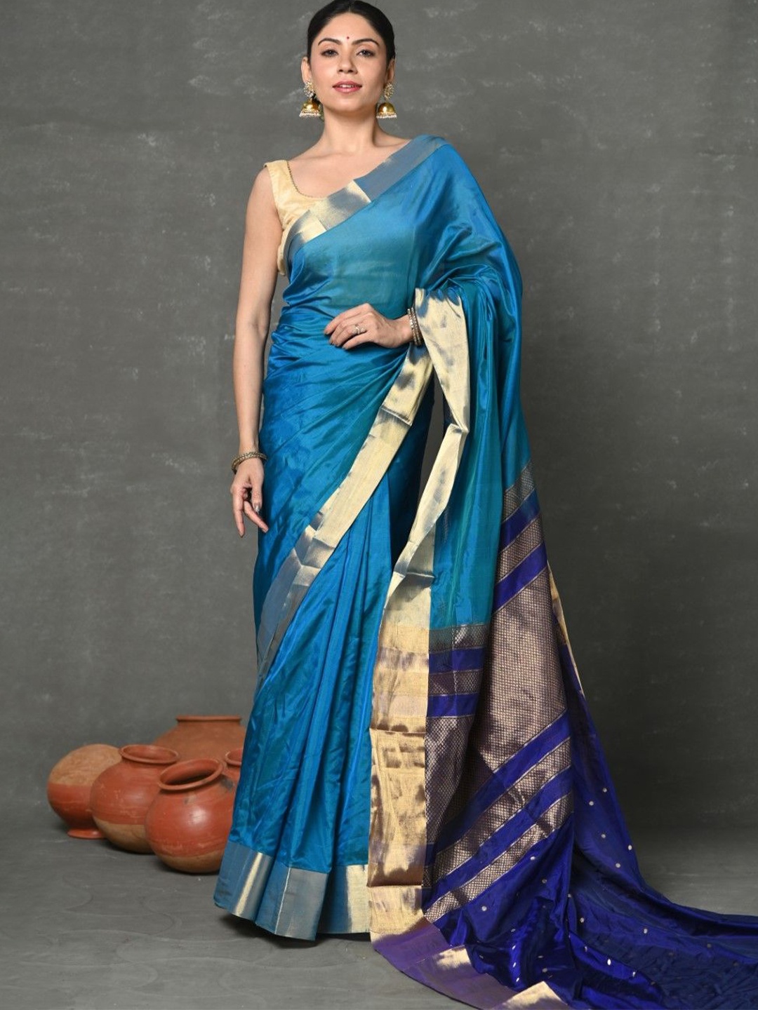 

Very Much Indian Zari Saree With Blouse Piece, Blue