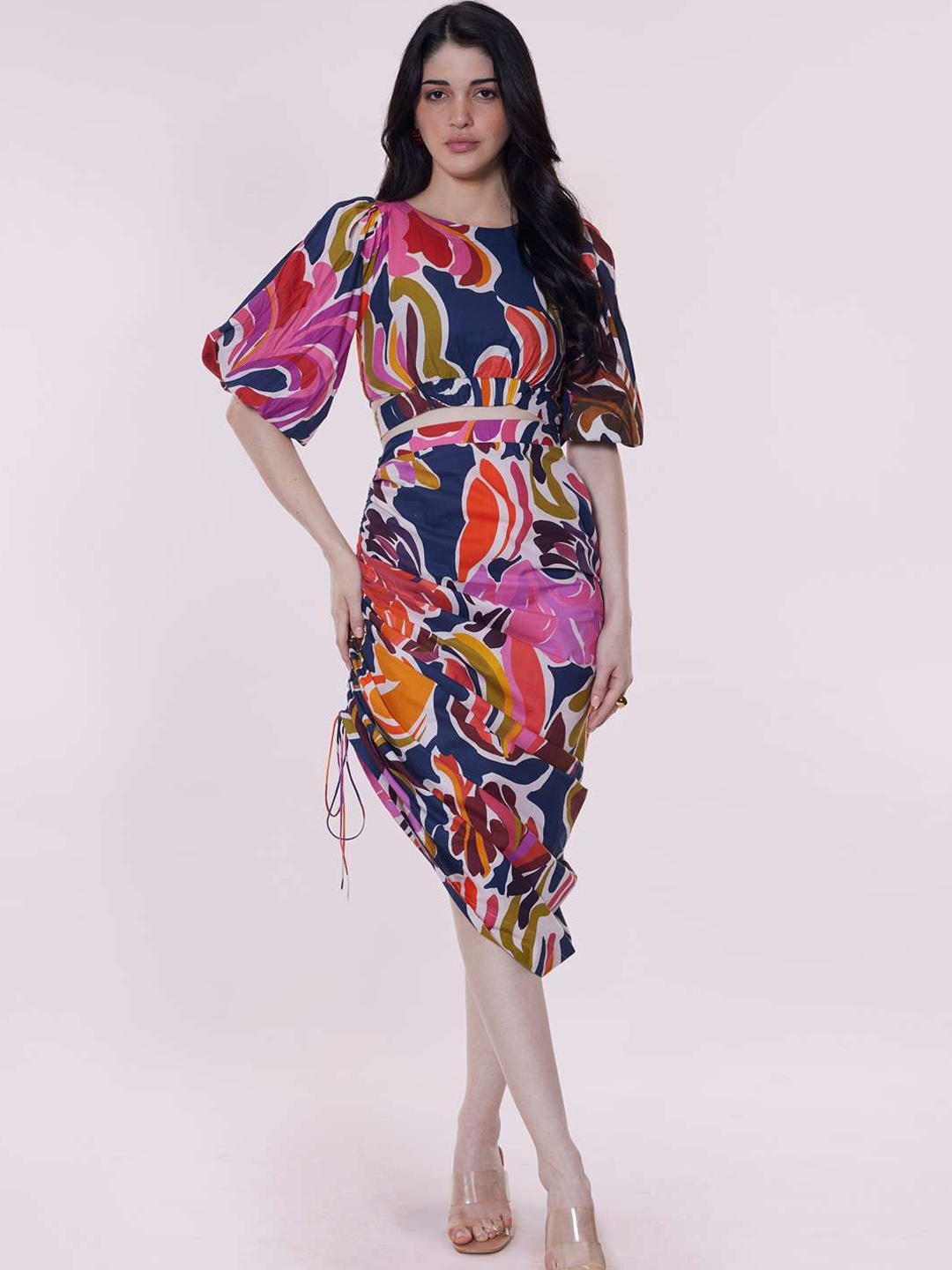 

POPPI Abstract Printed Balloon Sleeves Pure Cotton Top With Skirt, Blue