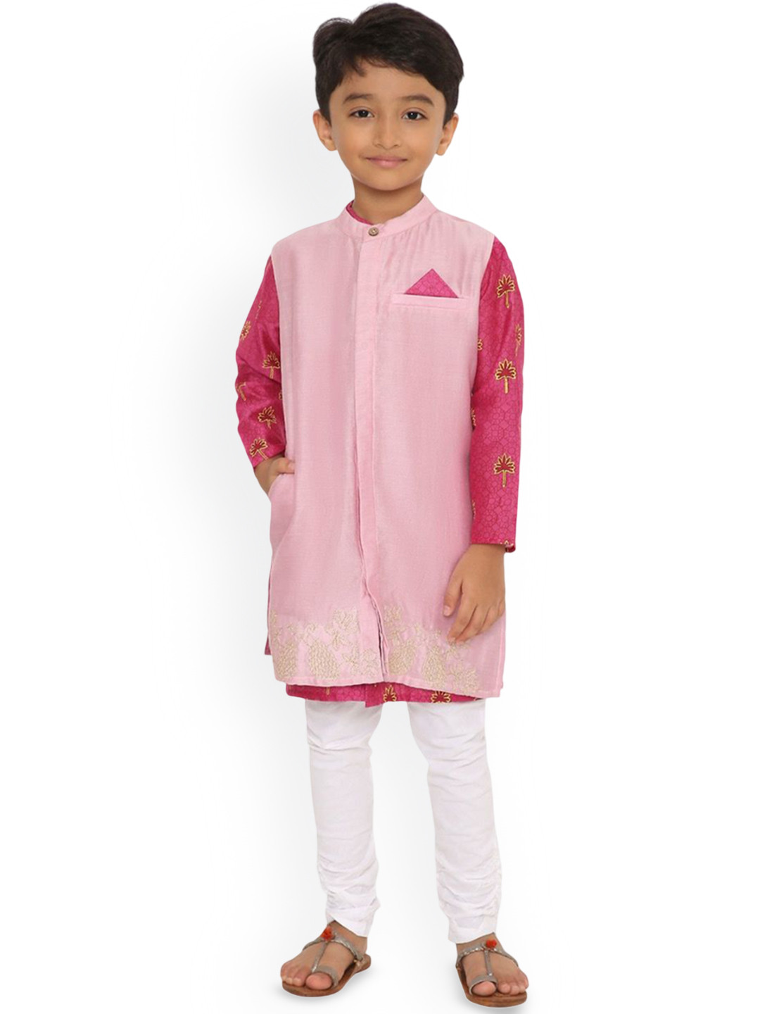 

Miko Lolo Boys Floral Printed Chanderi Silk Kurta with Churidar & Nehru jacket, Magenta