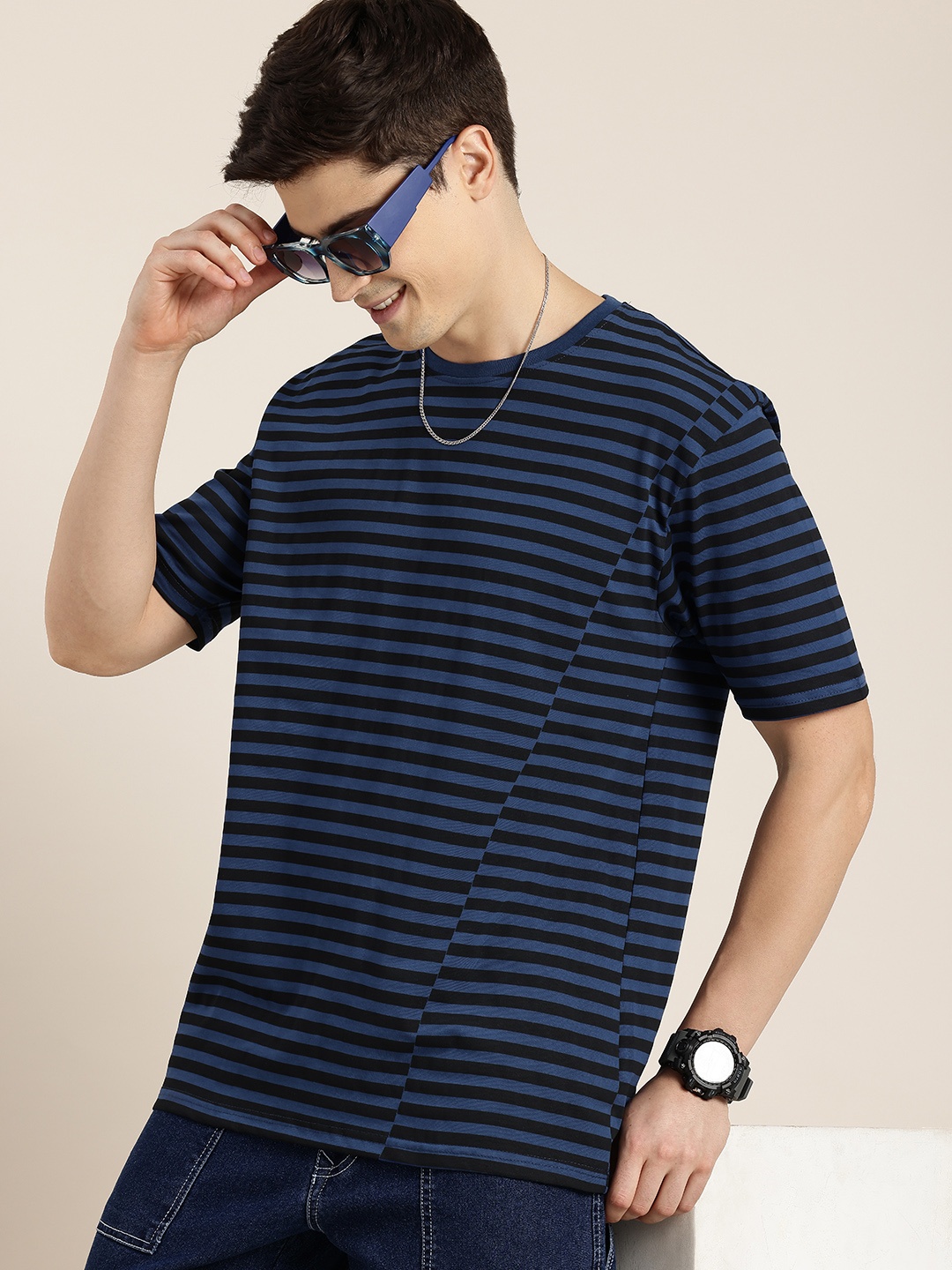 

HERE&NOW Striped Drop-Shoulder Sleeves Pure Cotton T-shirt, Blue