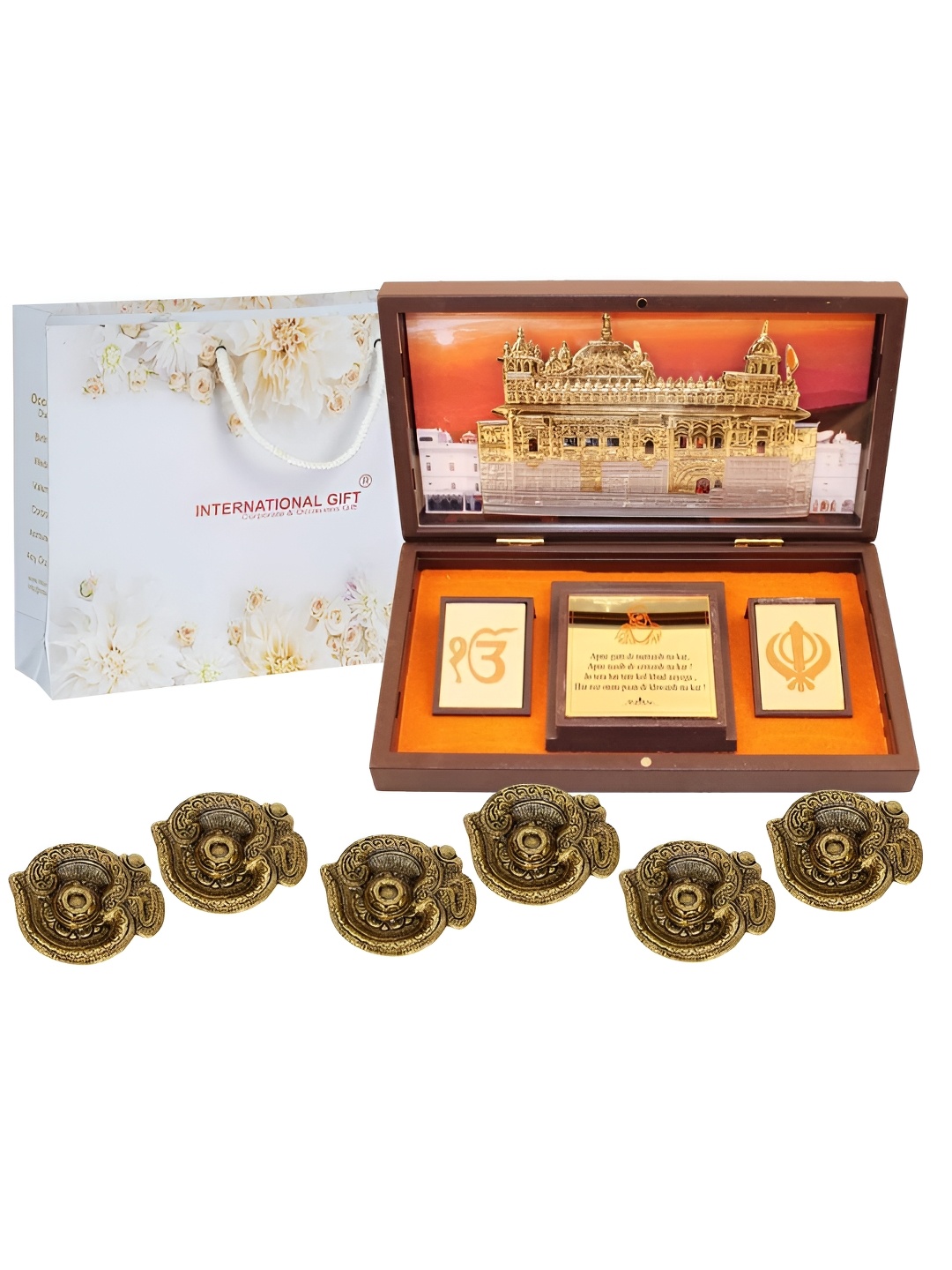 

INTERNATIONAL GIFT Gold-Toned Metal Golden Temple Message Box Religious Idol Showpiece