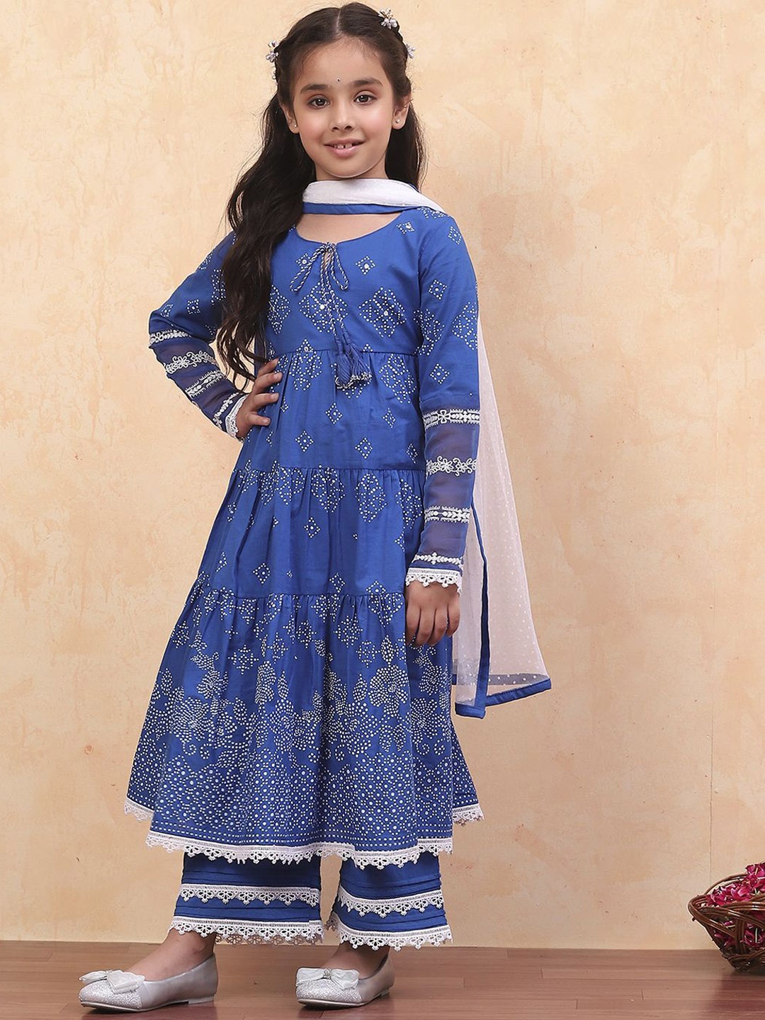 

Biba Girls Bandhani Printed Tie-Up Neck Pure Cotton Anarkali Kurta with Palazzos & Dupatta, Blue