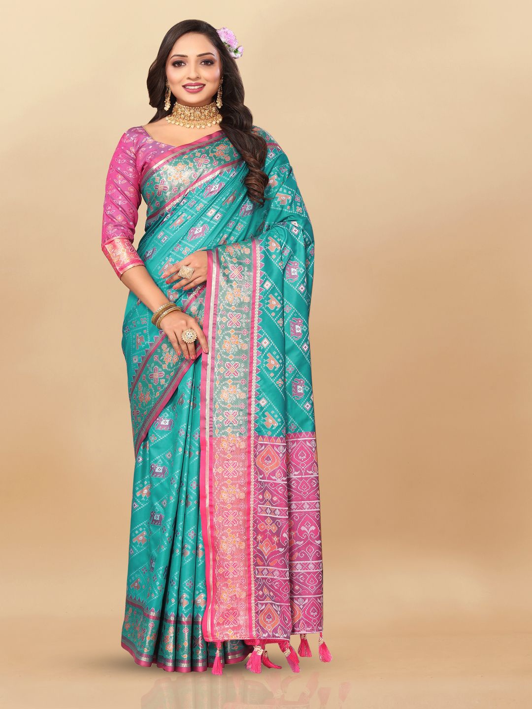 

MOKSHA DESIGNS Ethnic Motifs Woven Design Zari Pure Silk Paithani Saree, Blue