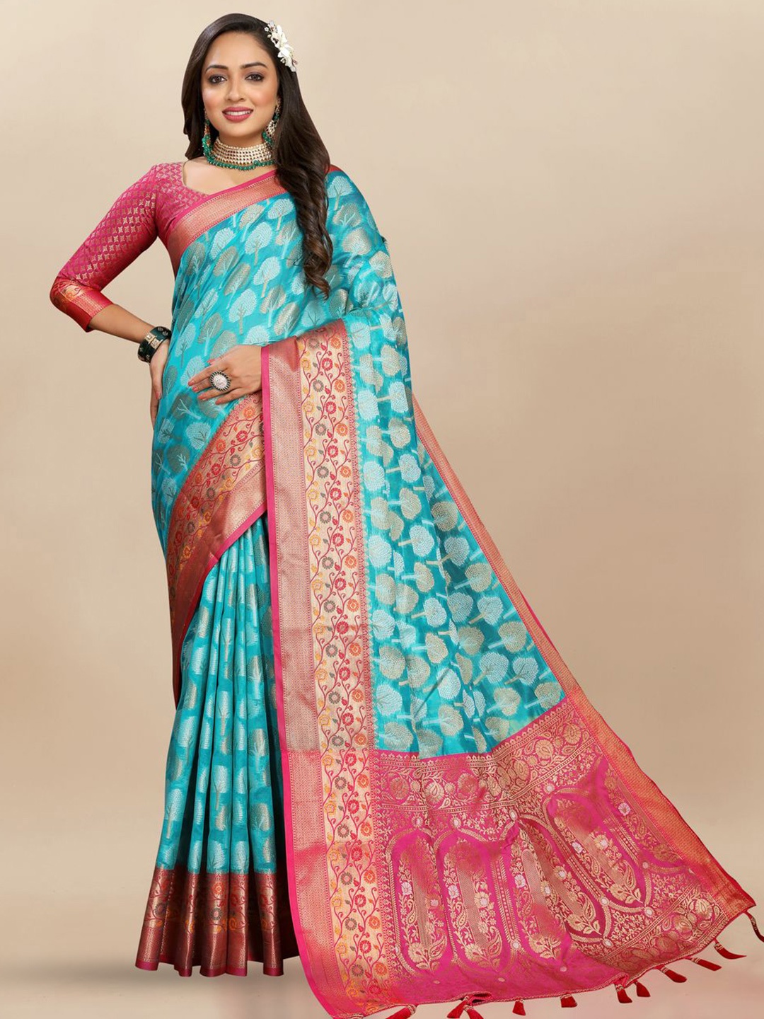 

MOKSHA DESIGNS Ethnic Motifs Zari Pure Silk Paithani Saree, Blue