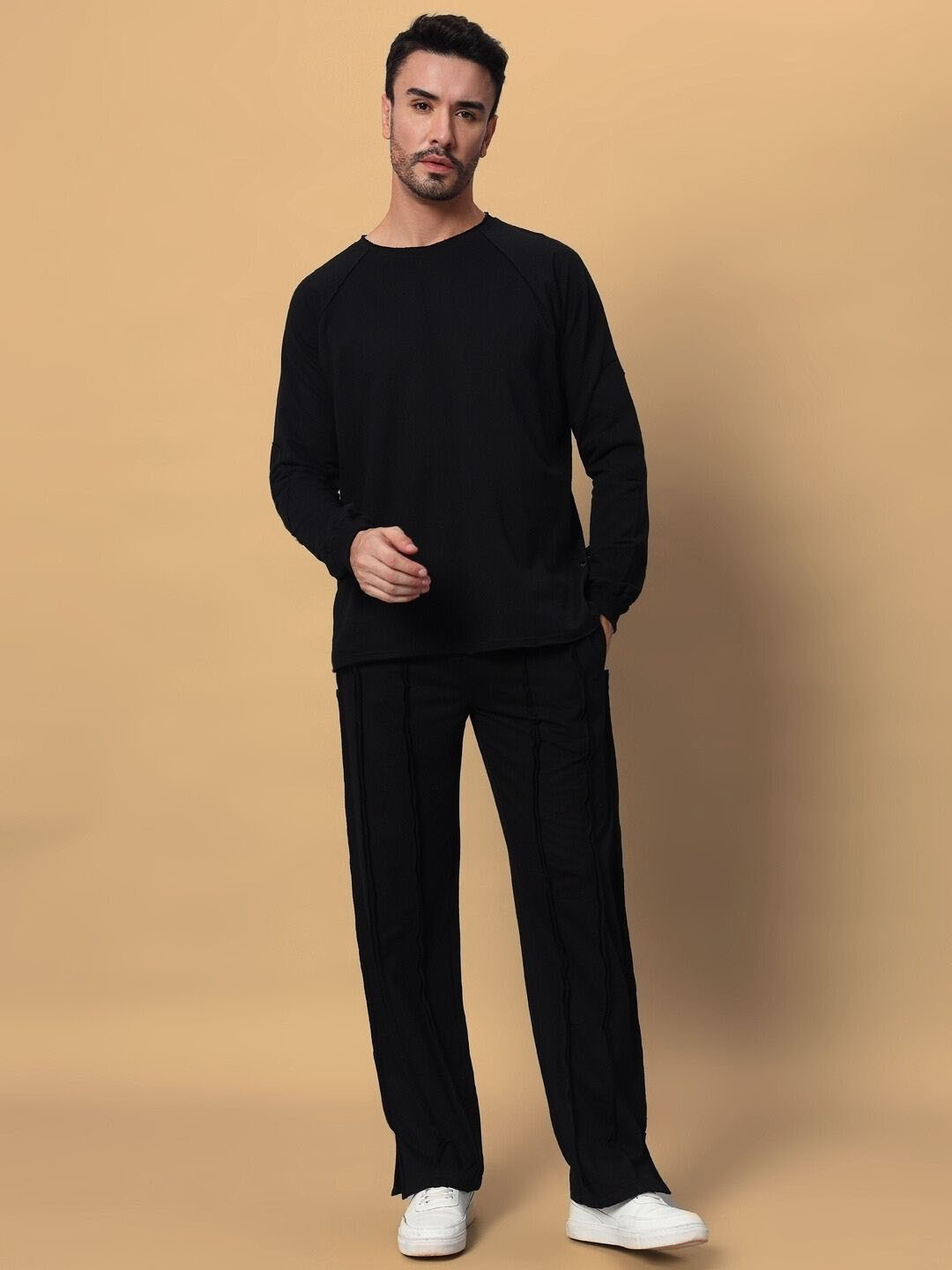 

WEARDUDS Round Neck Pure Cotton Oversized T-Shirt With Trousers, Black