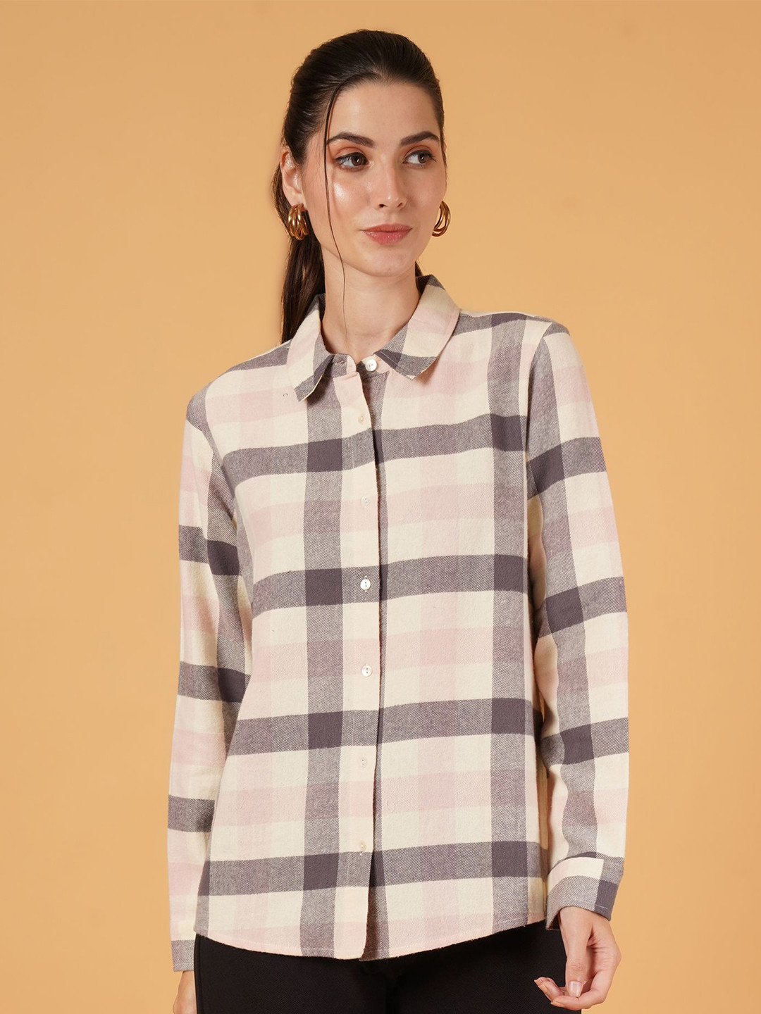 

IX IMPRESSION Women Pink & Gray Checked Button-Down Flannel Shirt Style Collared Top, Cream