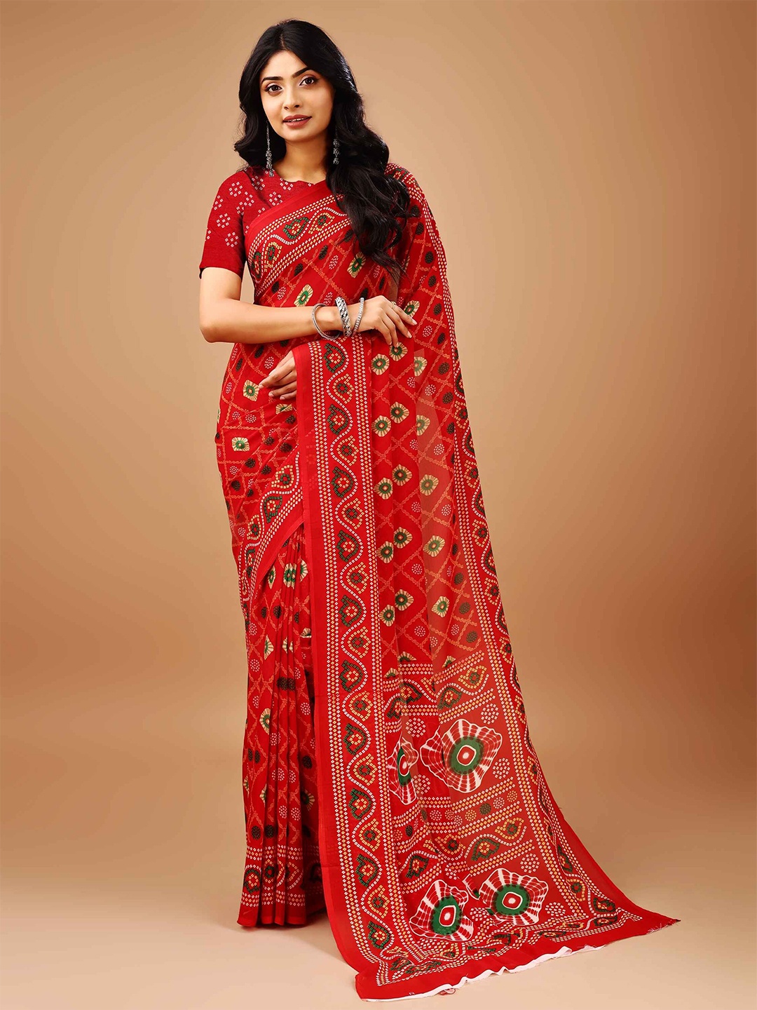 

Leelavati Ethnic Motifs Poly Chiffon Saree, Red