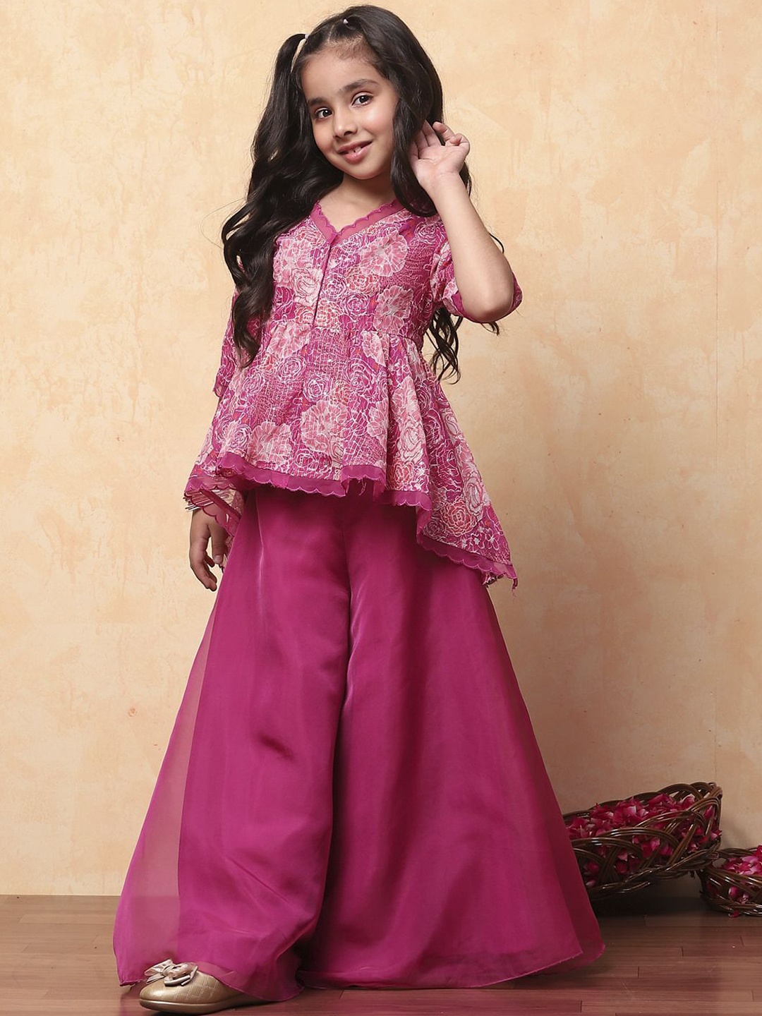 

Biba Girls Floral Printed V-Neck High-Low Anarkali Kurta with Palazzos, Pink
